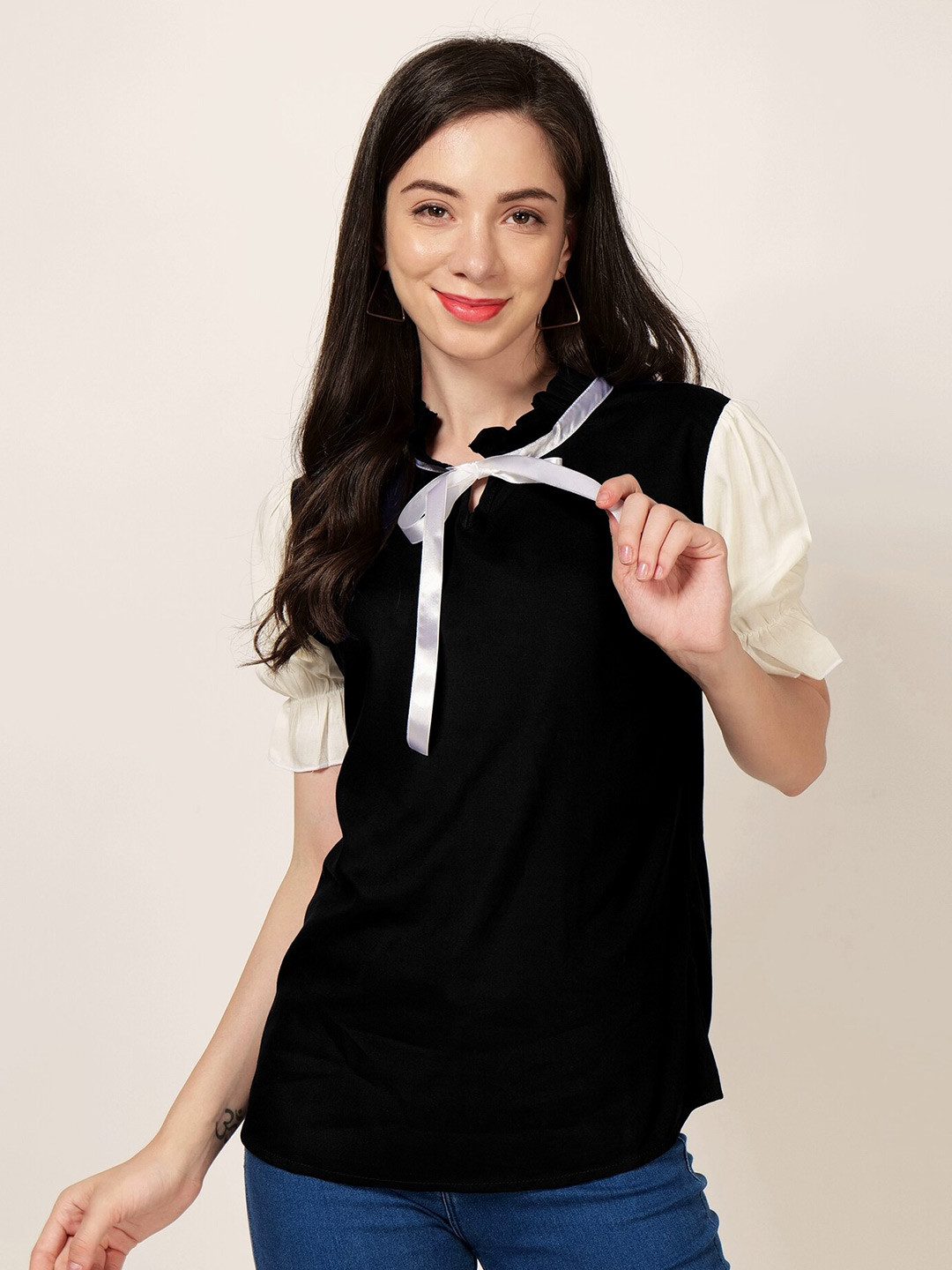 

PATRORNA Tie-Up Neck Top, Black