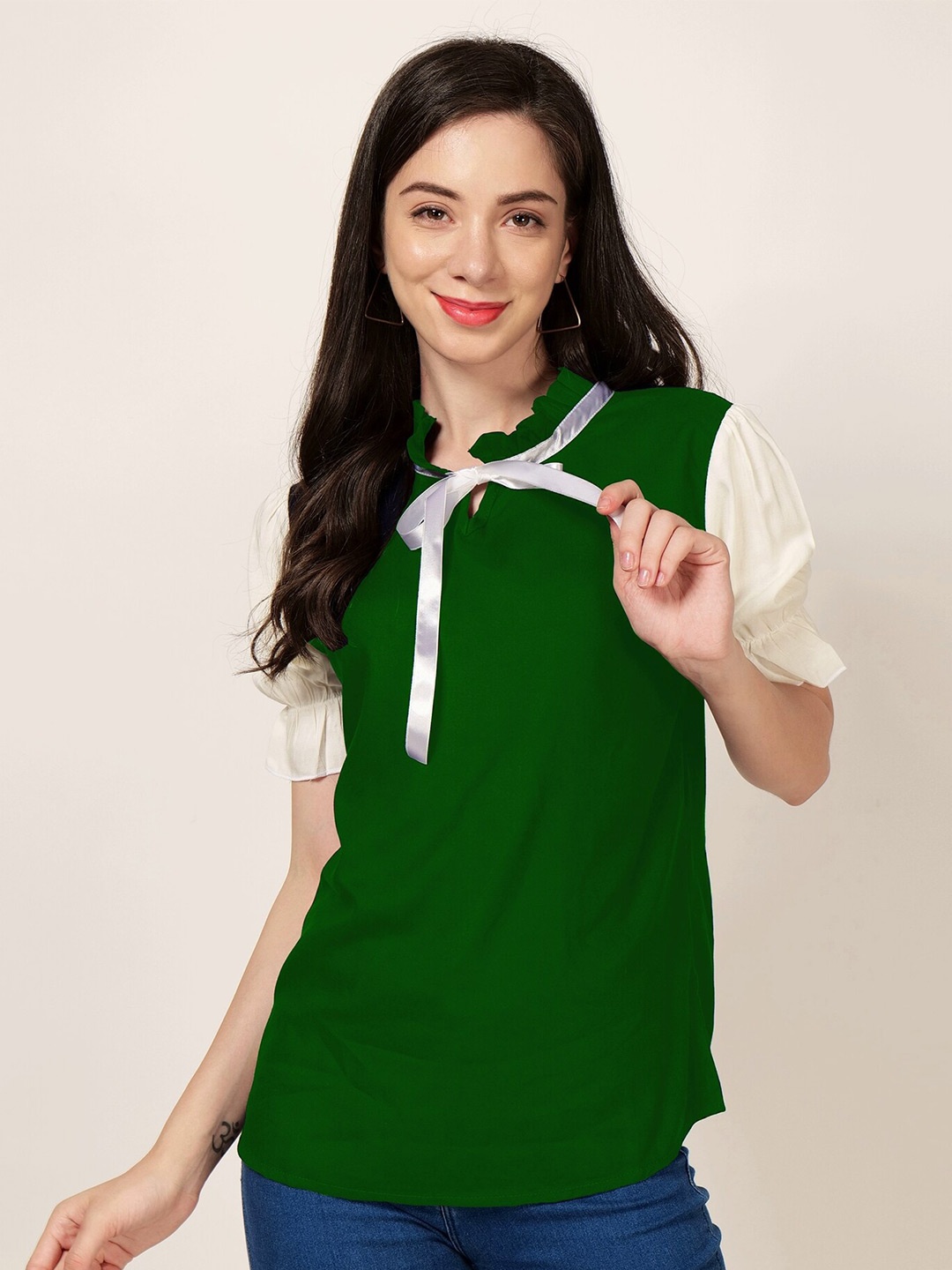 

PATRORNA Puff Sleeves Tie-Up Neck Top, Green