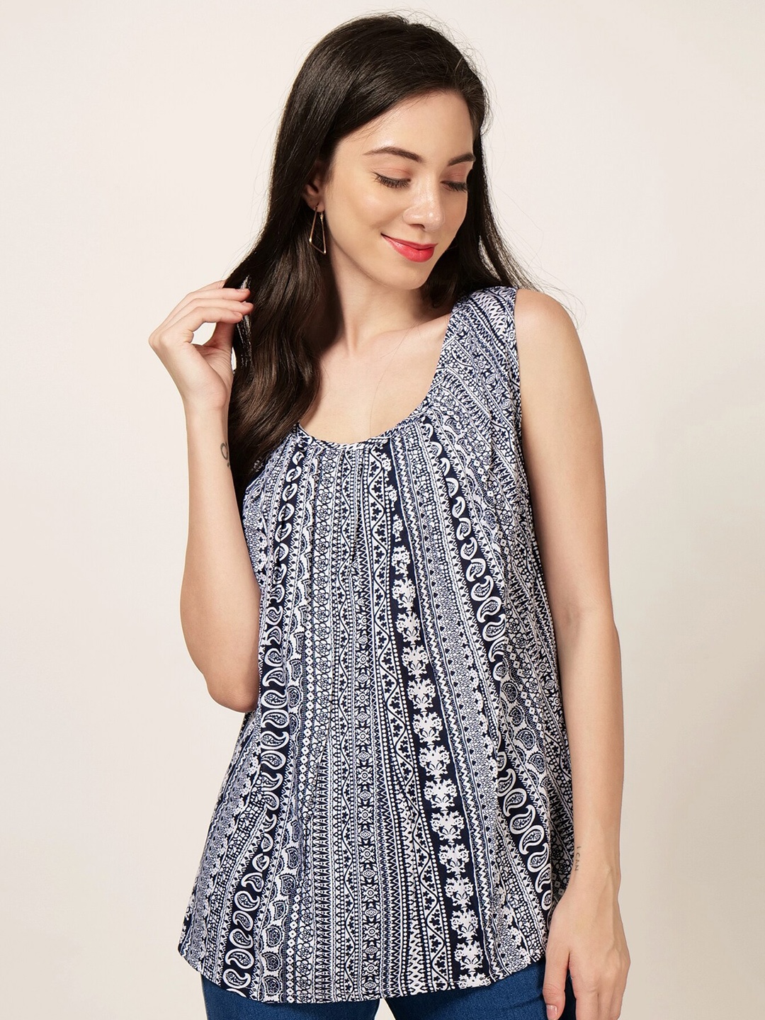 

PATRORNA Ethnic Motifs Printed Scoop Neck Top, Black