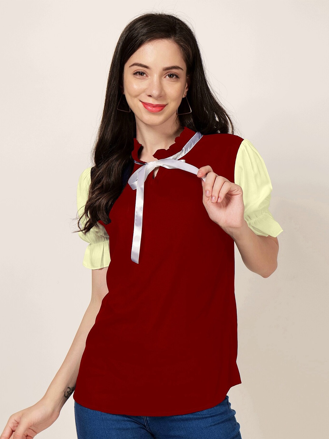 

PATRORNA Tie-Up Neck Top, Maroon