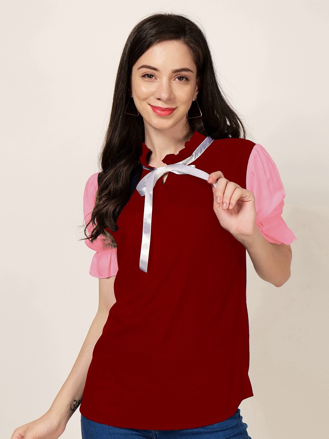 

PATRORNA Tie-Up Neck Top, Maroon