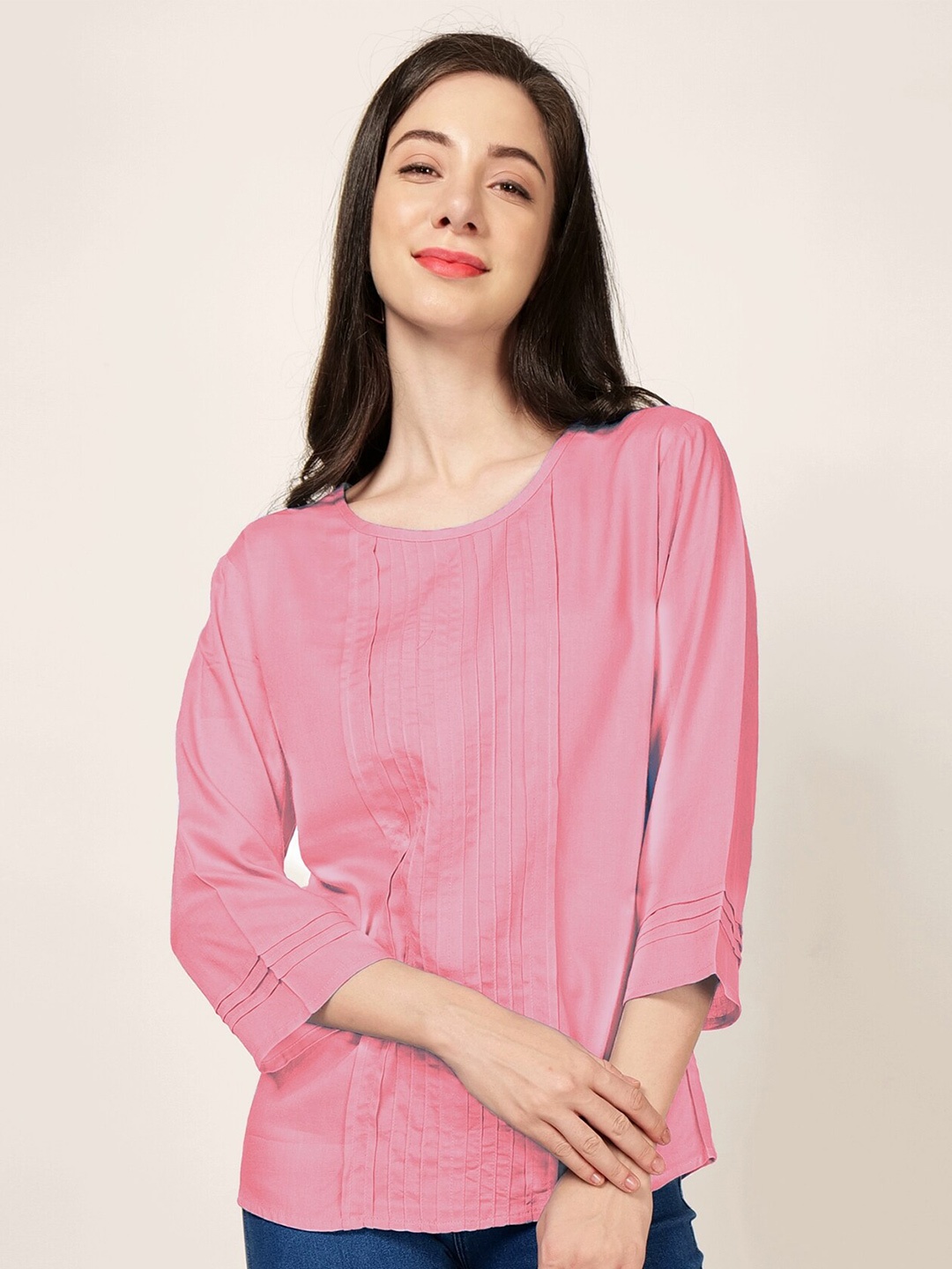 

PATRORNA Pleated Round Neck Regular Top, Pink