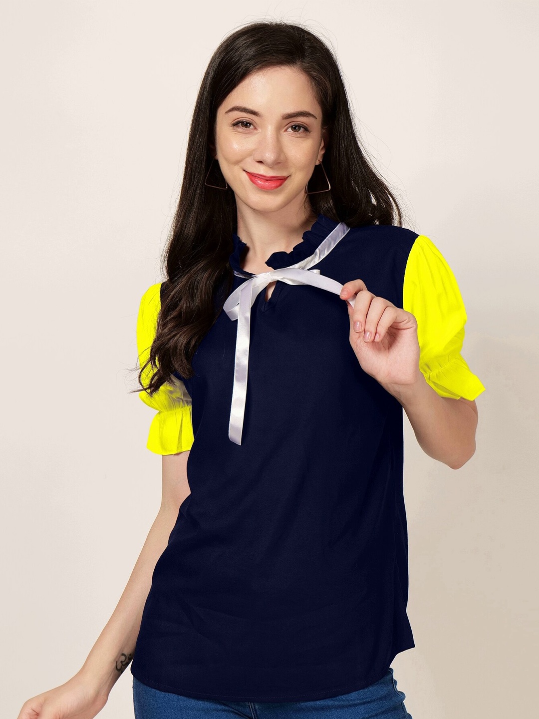 

PATRORNA Tie-Up Neck Puff Tie-Up Regular Top, Navy blue