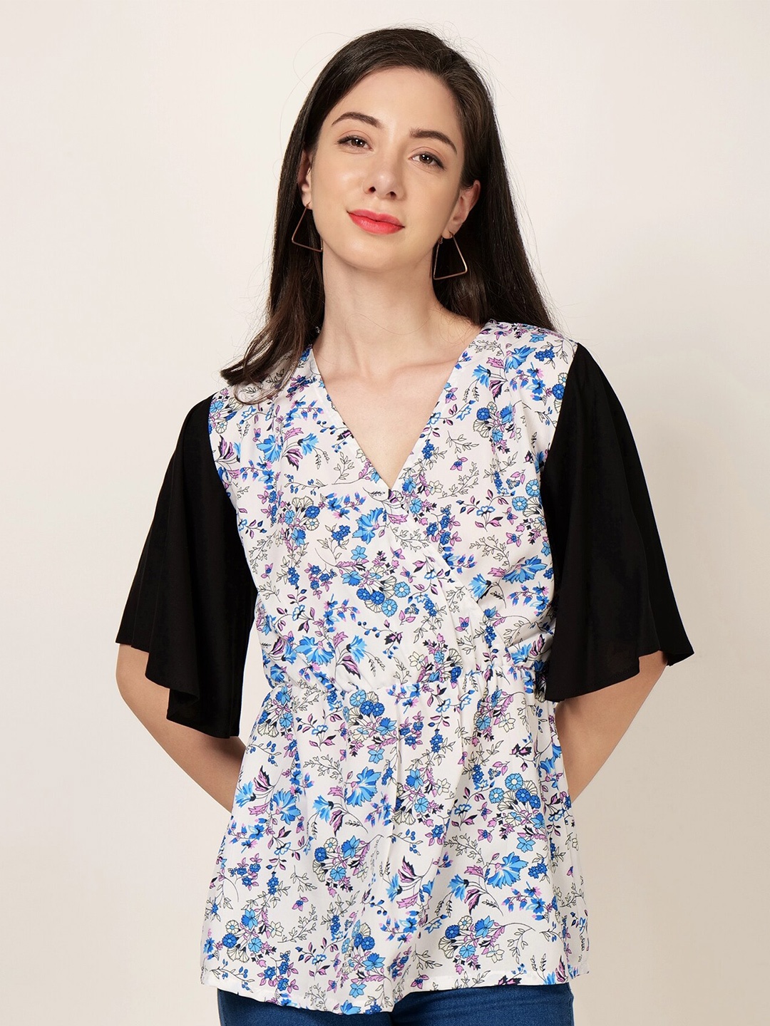 

PATRORNA Floral Printed V-Neck Flared Sleeve Wrap Top, White
