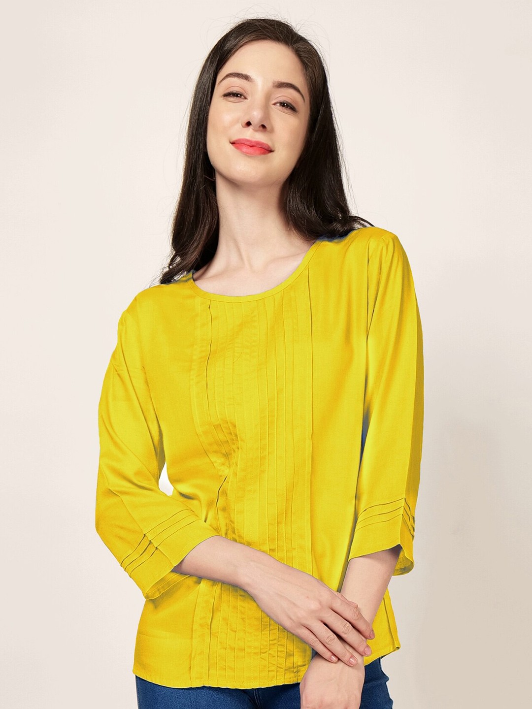 

PATRORNA Pleated Round Neck Regular Top, Yellow
