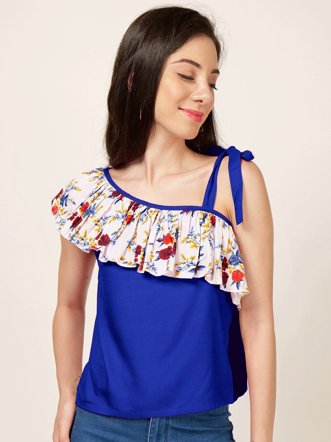 

PATRORNA Floral Printed One Shoulder Ruffles Regular Top, Blue