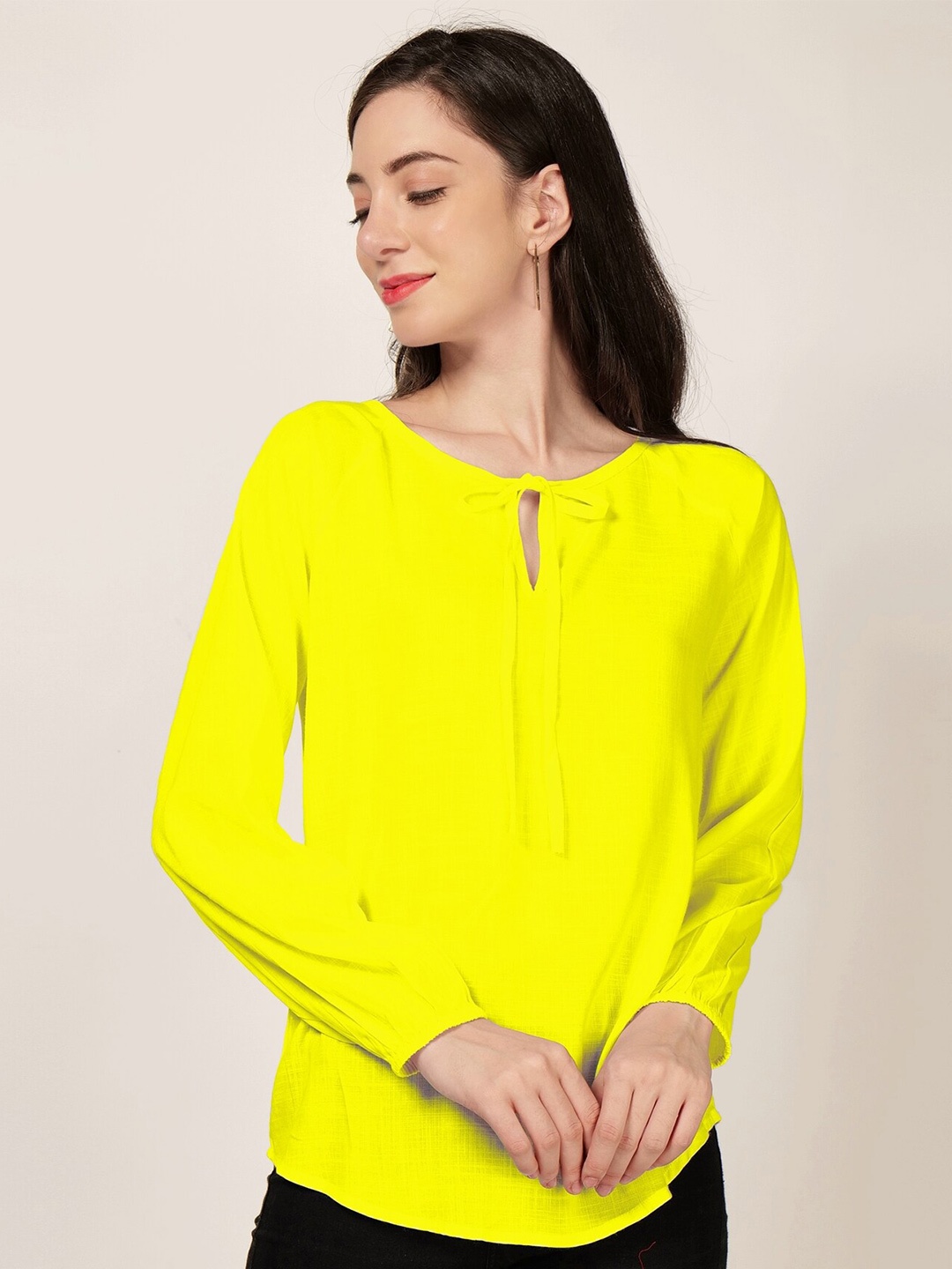 

PATRORNA Tie-Up Neck Raglan Sleeves Top, Yellow