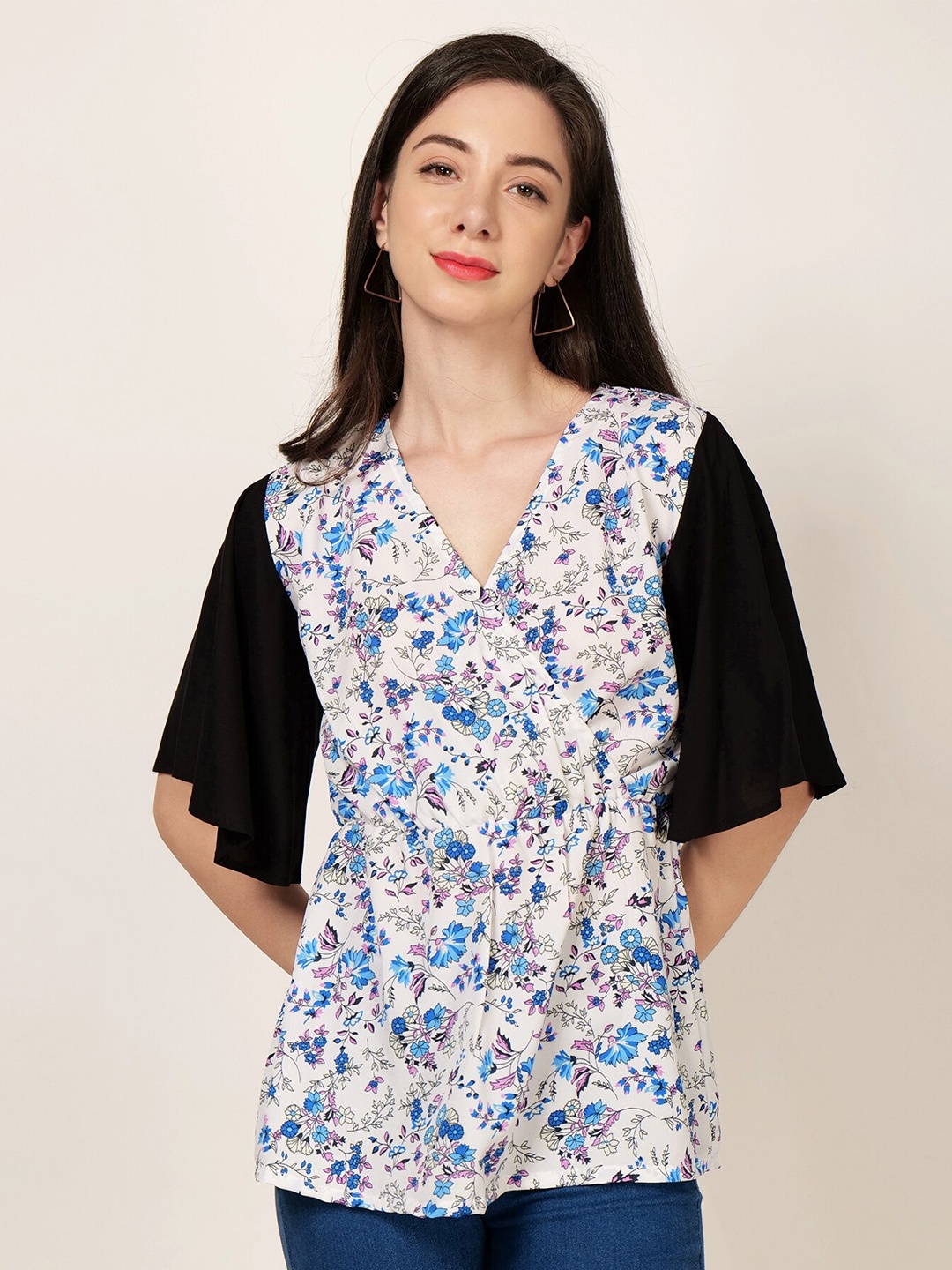

PATRORNA Floral Printed Flared Sleeves Wrap Top, White