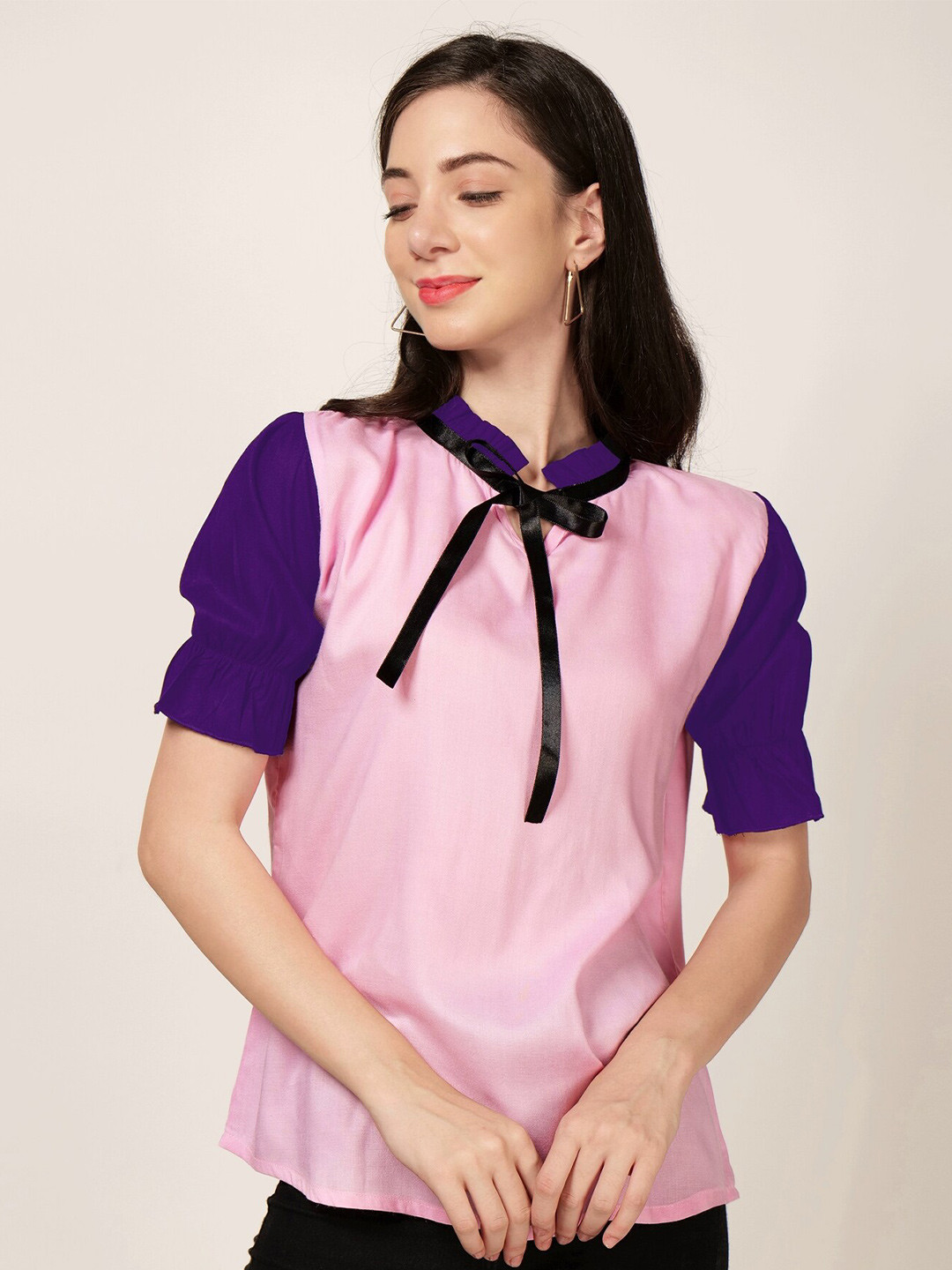 

PATRORNA Colourblocked Tie-Up Neck Puffed Sleeves Top, Pink