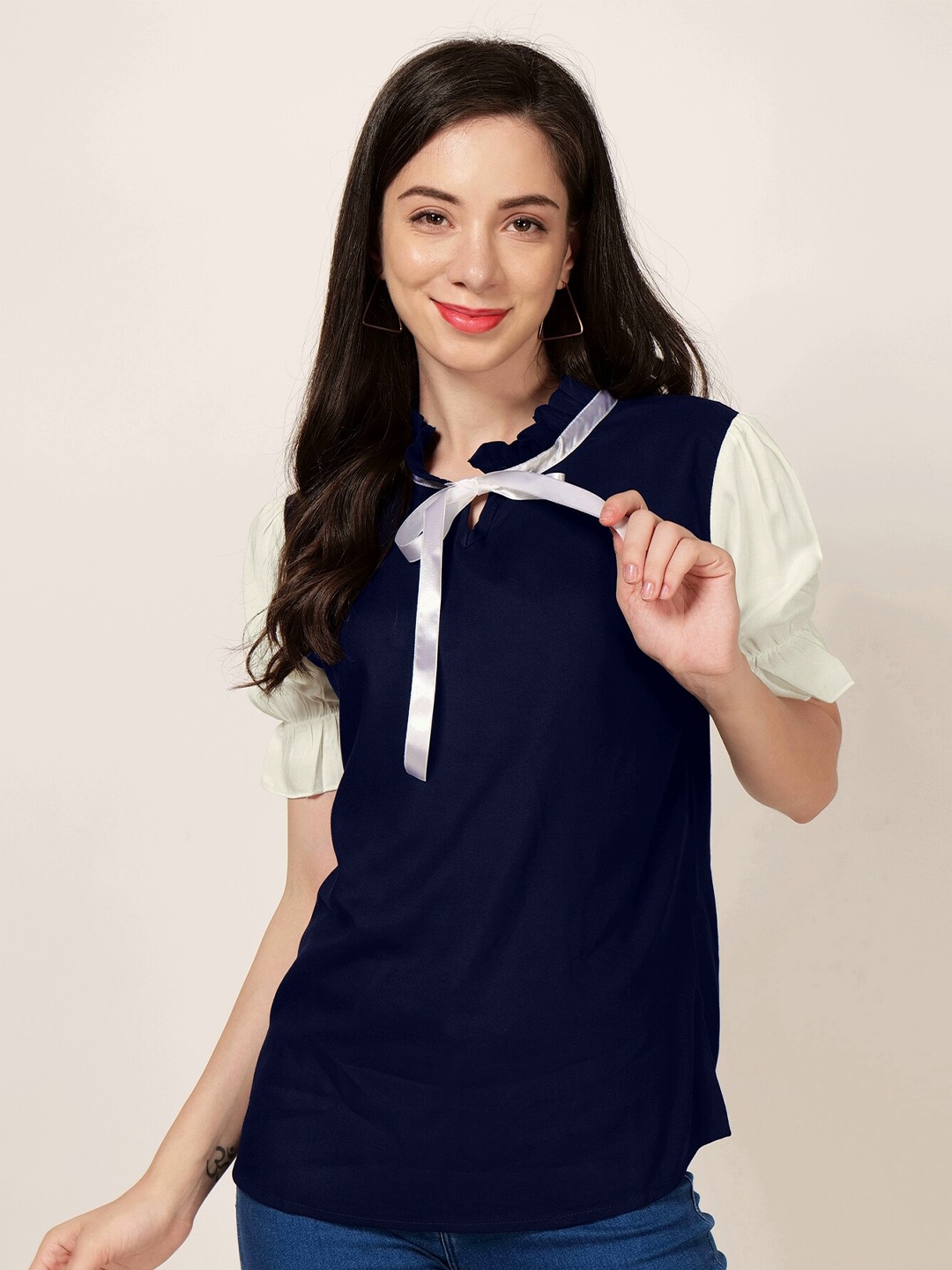 

PATRORNA Tie Up Neck Regular Top, Blue