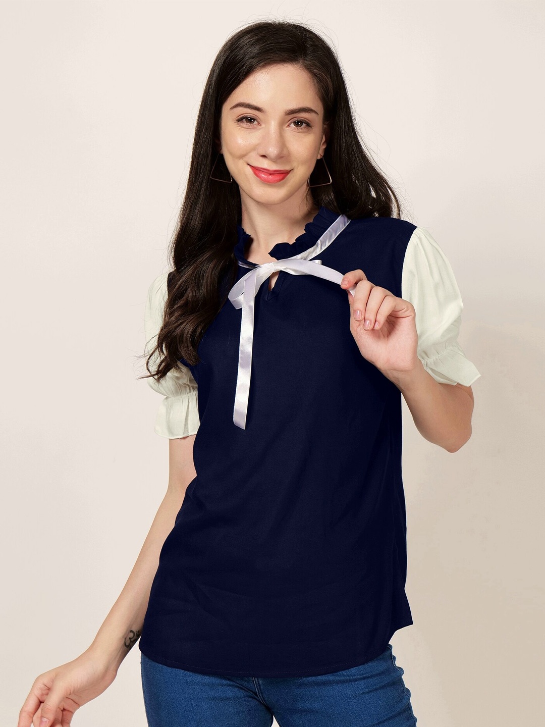 

PATRORNA Puff Sleeve Tie-Ups Regular Top, Navy blue