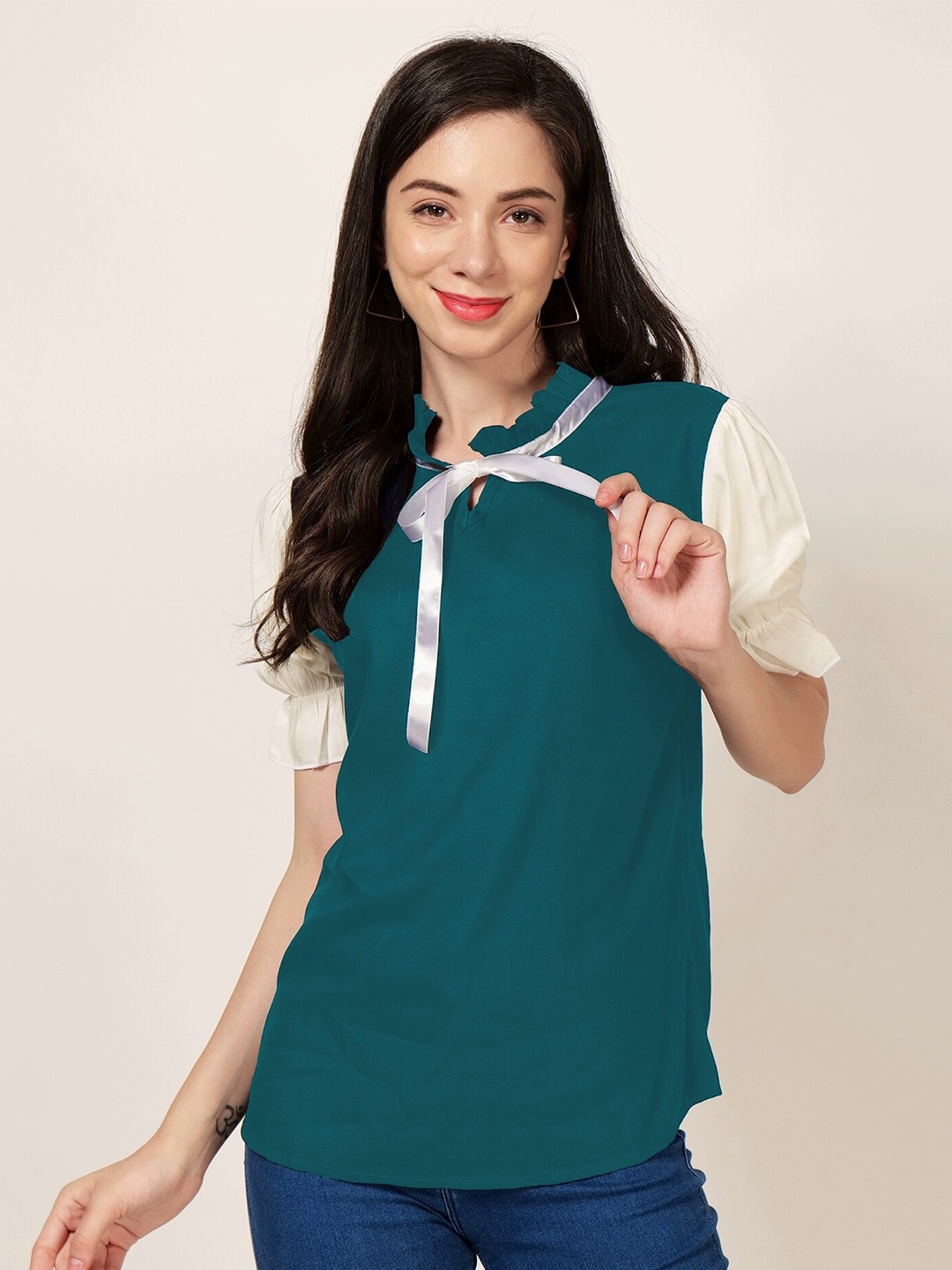 

PATRORNA Puff Sleeve Tie-Ups Regular Top, Green