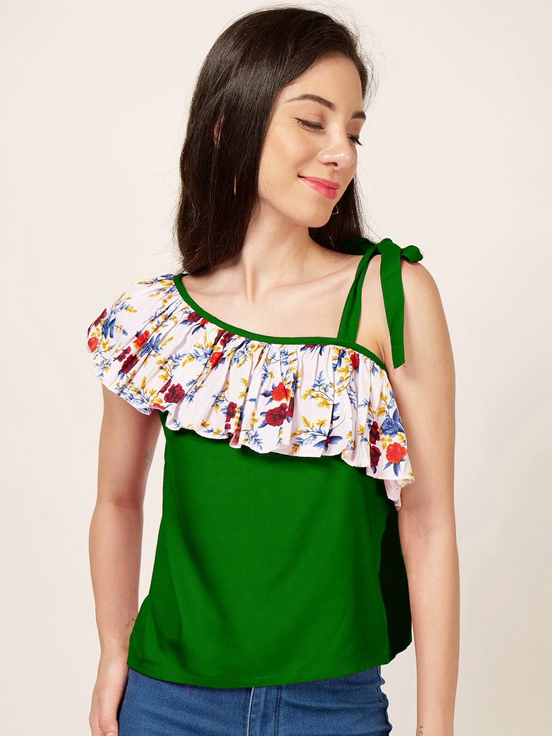 

PATRORNA Floral Printed One Shoulder Ruffled Regular Top, Green
