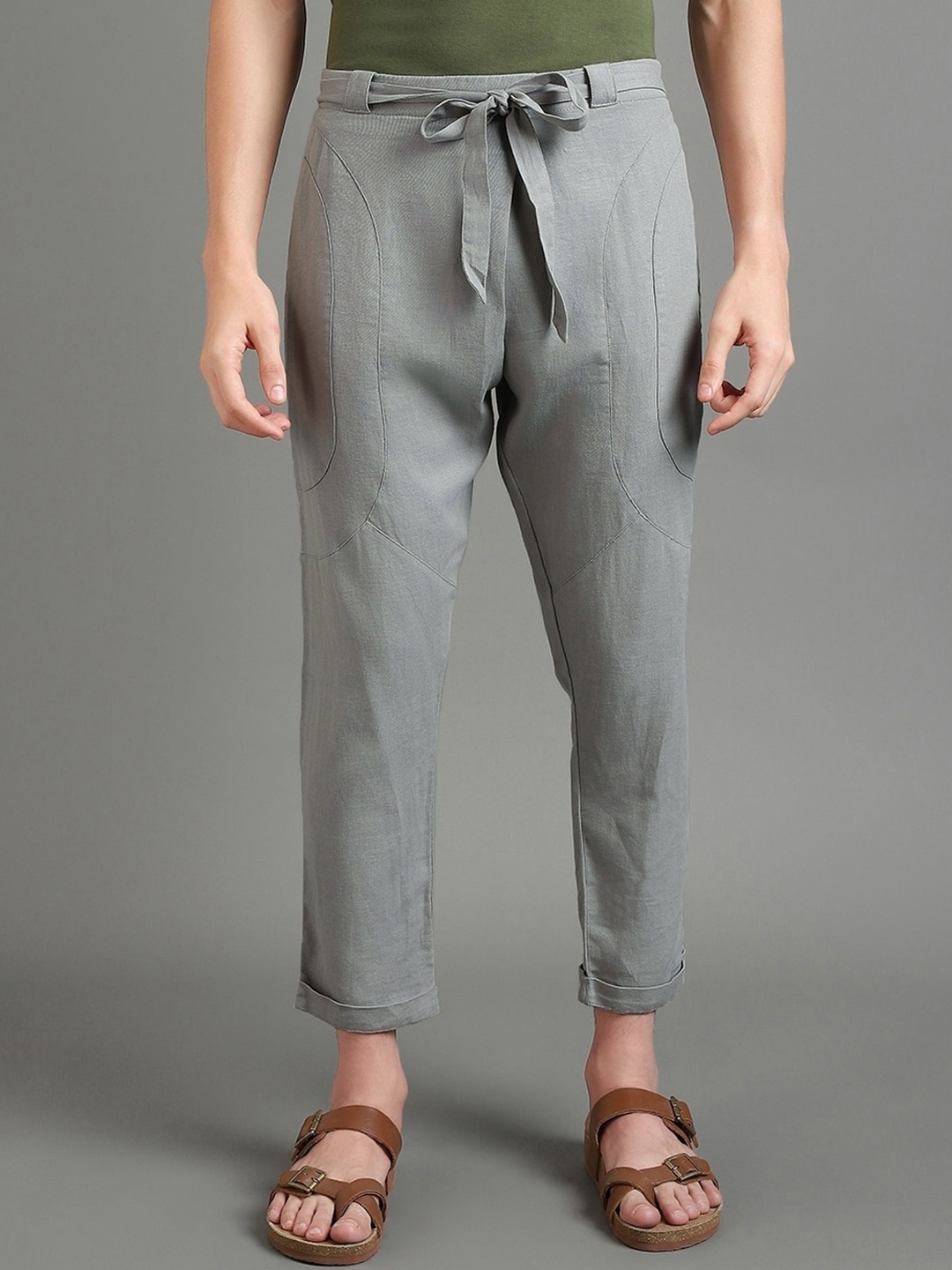 

Bewakoof Plus Men Easy Wash Cotton Linen Tie-Up Trousers, Grey