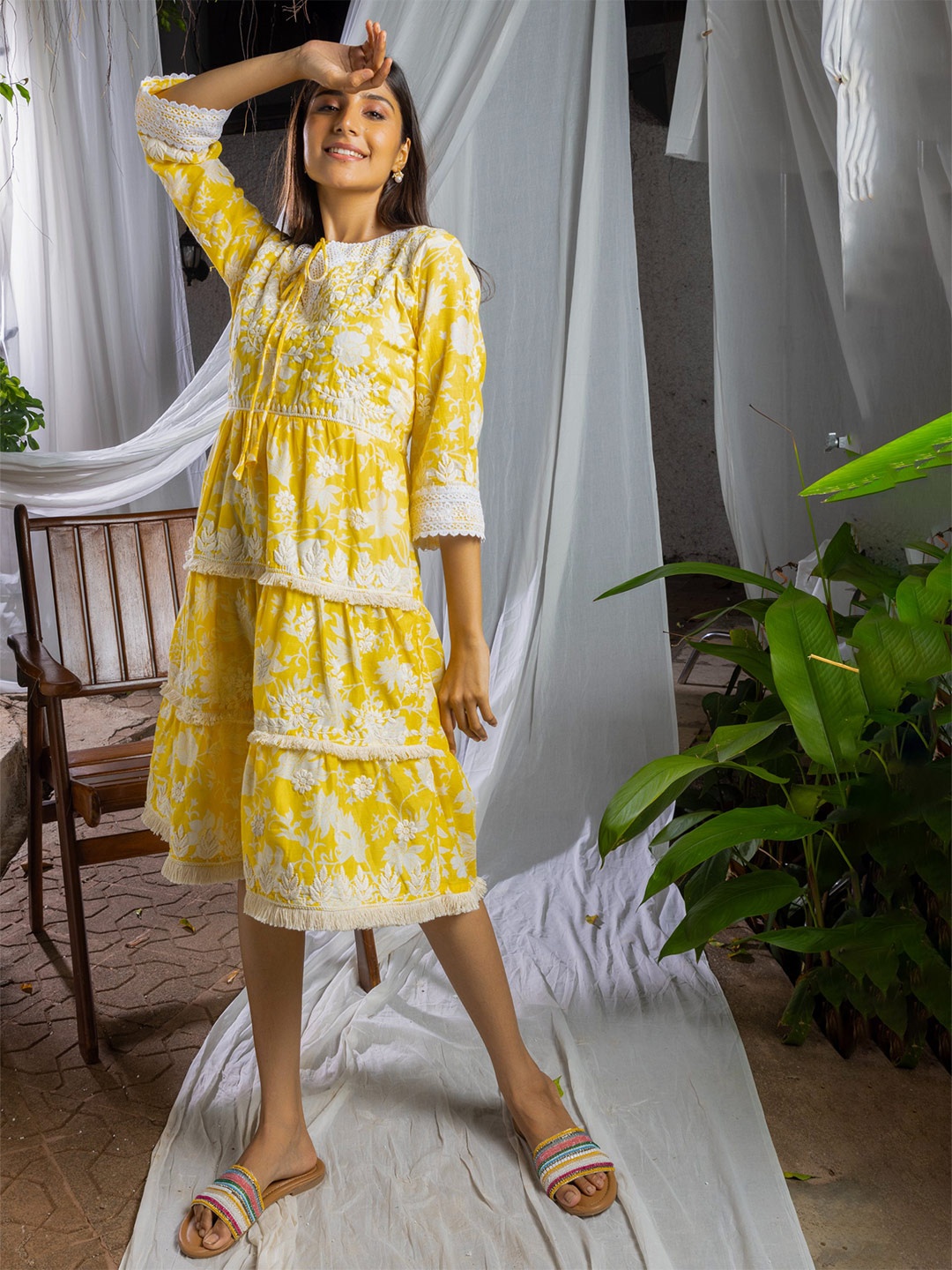 

HERE&NOW Floral Embroidered Tiered Tie- Up Neck Cotton A-Line Dress, Yellow