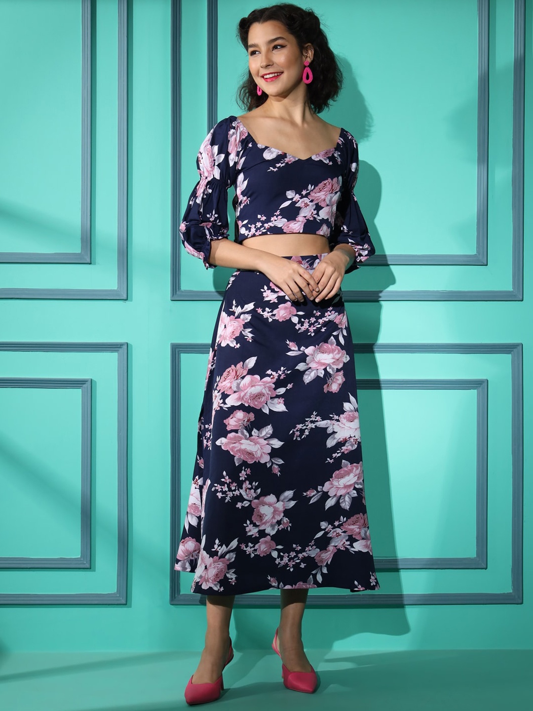 

HERE&NOW Printed V-Neck Crop Top & Midi Skirt, Blue