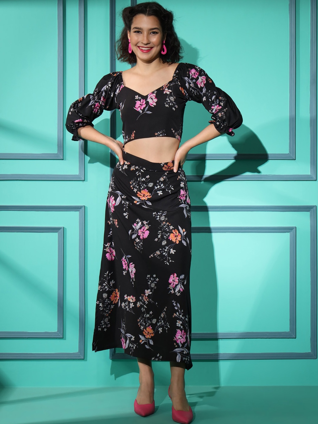 

HERE&NOW Floral Printed Top & Skirt Co-Ords Set, Black