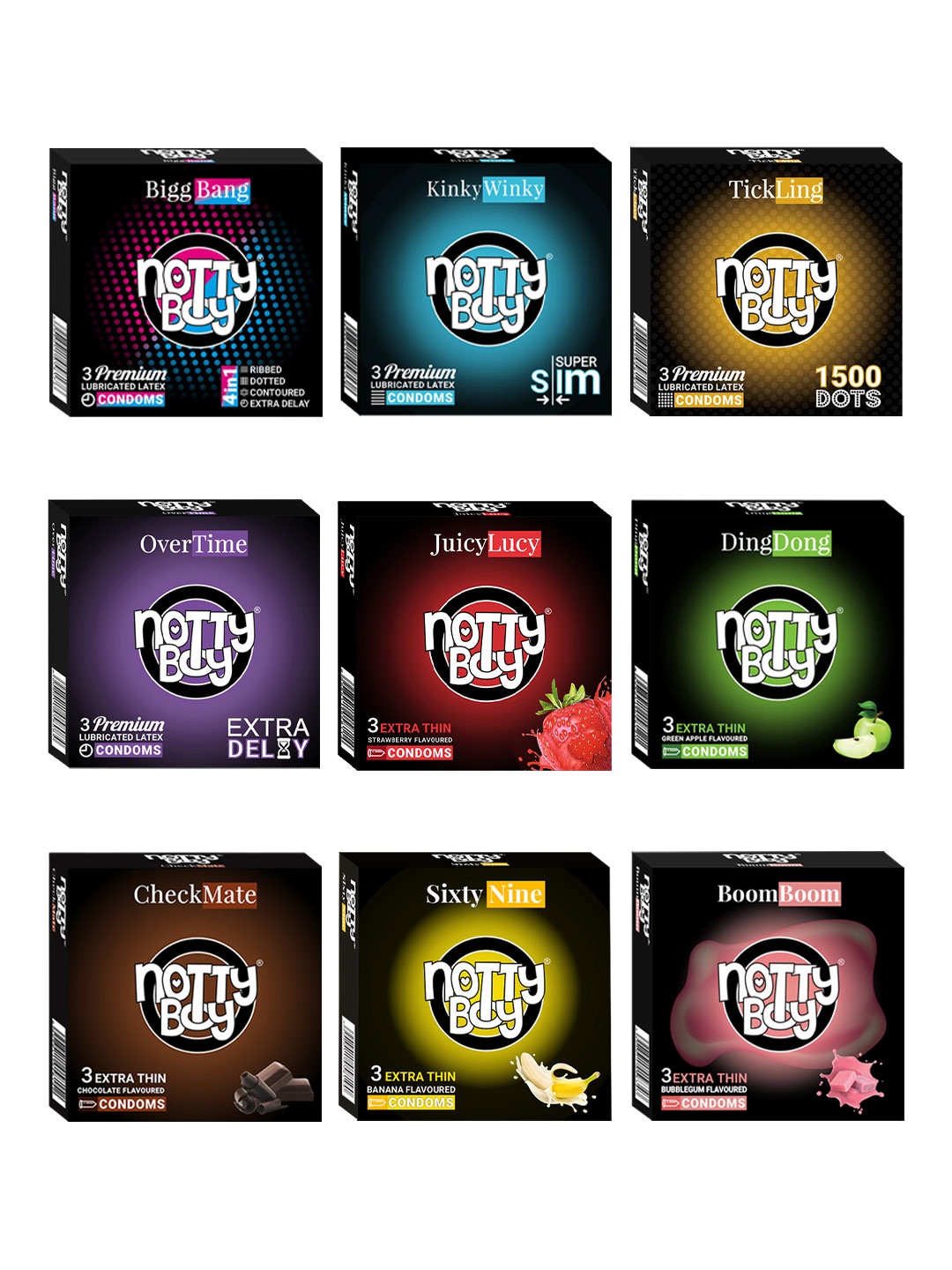 

noTTy Boy Set of 9 Ultra Thin-4in1 Ribbed-Bubblegum Flavour Condoms-3Pcs each, Black