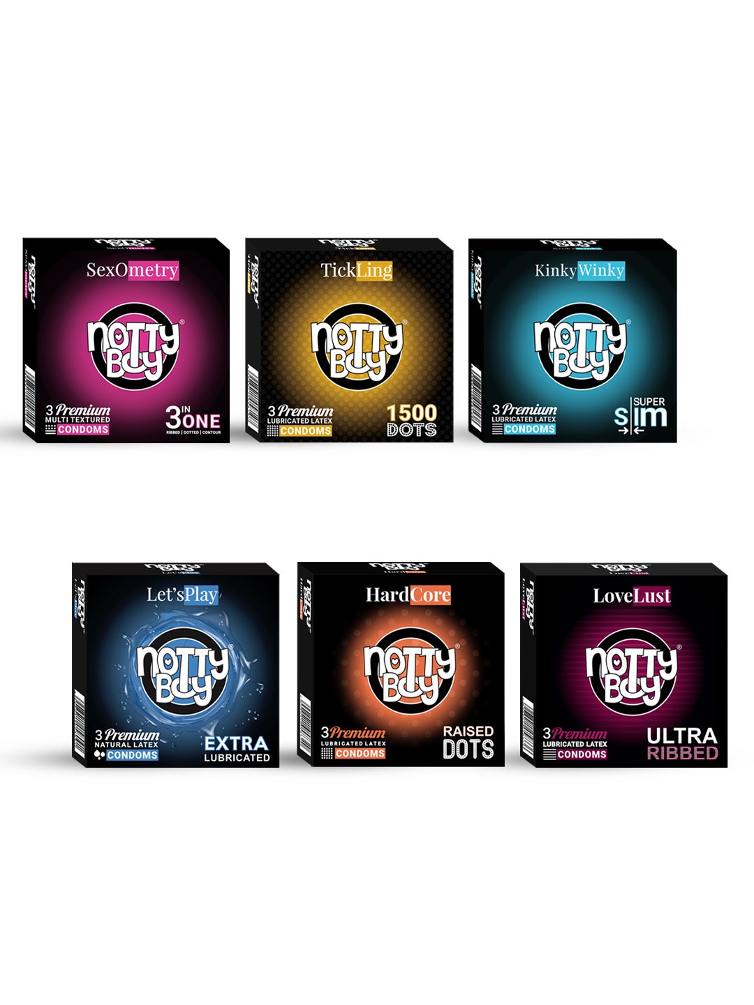 

noTTy Boy Set of 6 Ultra Thin-4in1 Ribbed-Bubblegum Flavour Condoms-3Pcs each, Black