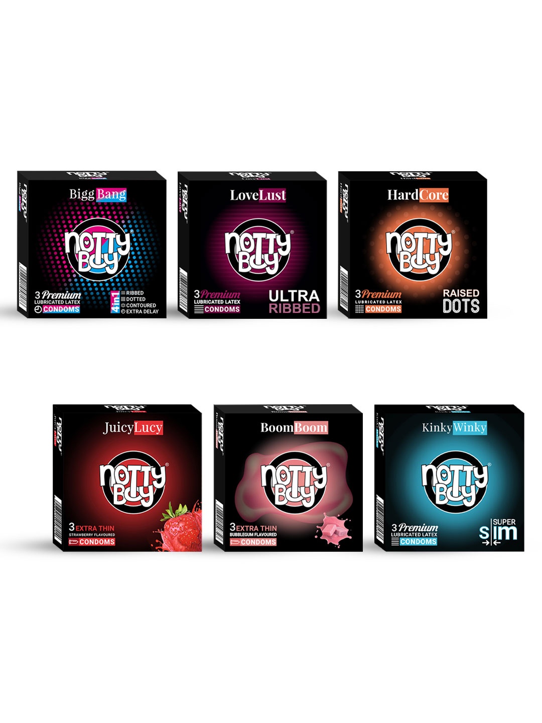 

noTTy Boy Set Of 6 - Bubblegum & Strawberry Flavour Condoms 3 Pcs Each, Black