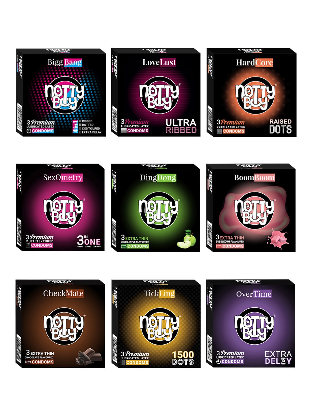 

noTTy Boy Set Of 9 - Green Apple and Chocolate Flavour Condoms 3 Pcs Each, White