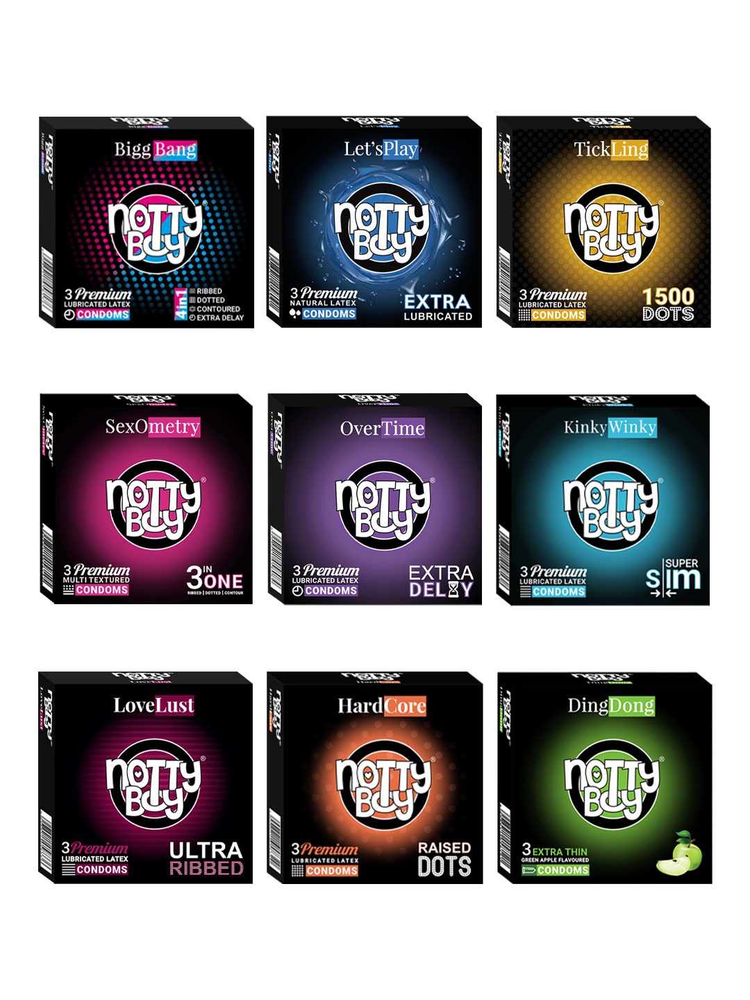 

noTTy Boy Set Of 9 Ribbed Flavoured Condoms - 3 Pieces In Each Box, Black