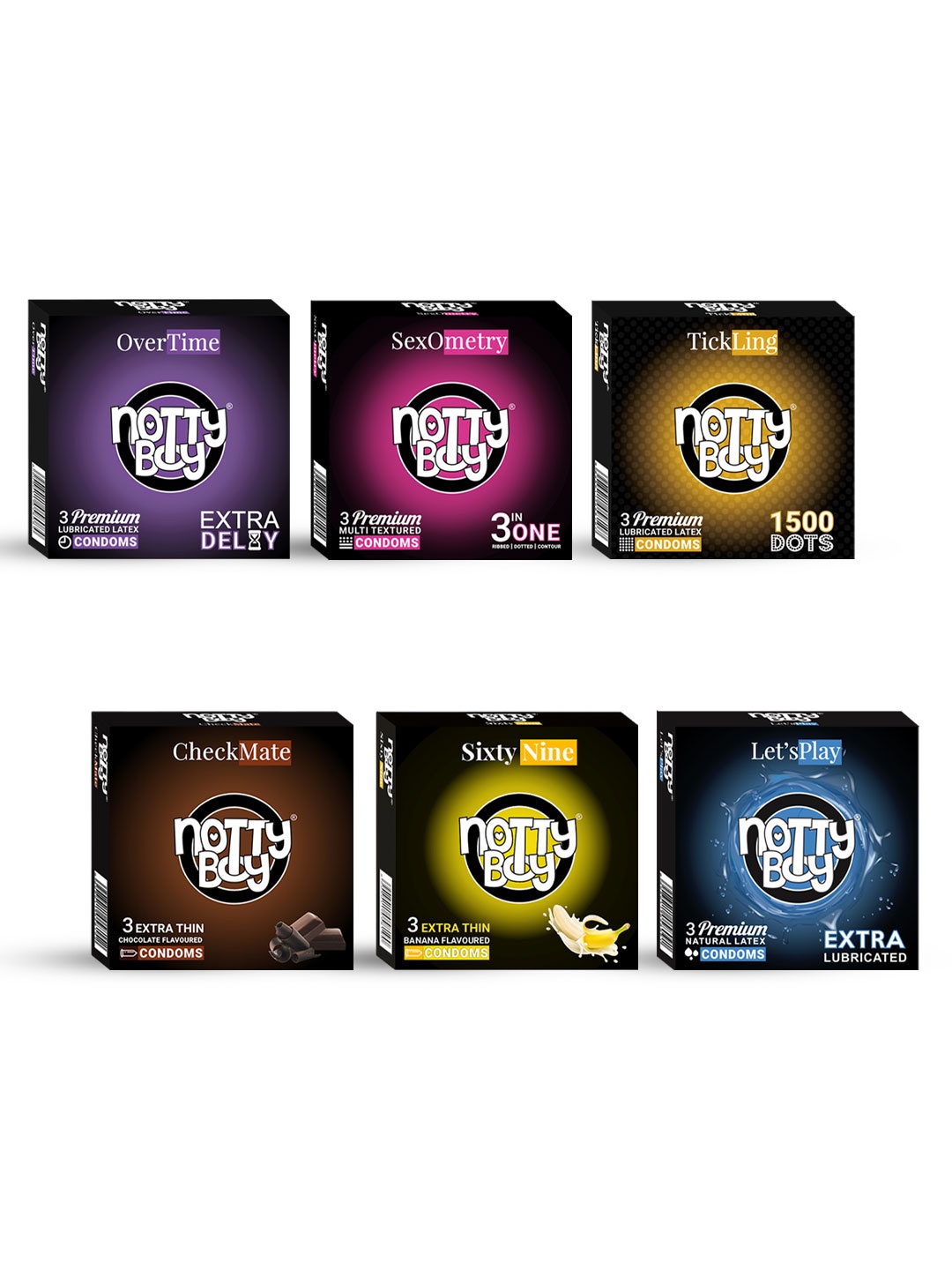 

noTTy Boy Set of 6 Extra Lube- Ribs-BananaFlavour Condoms-3Pcs each, Black