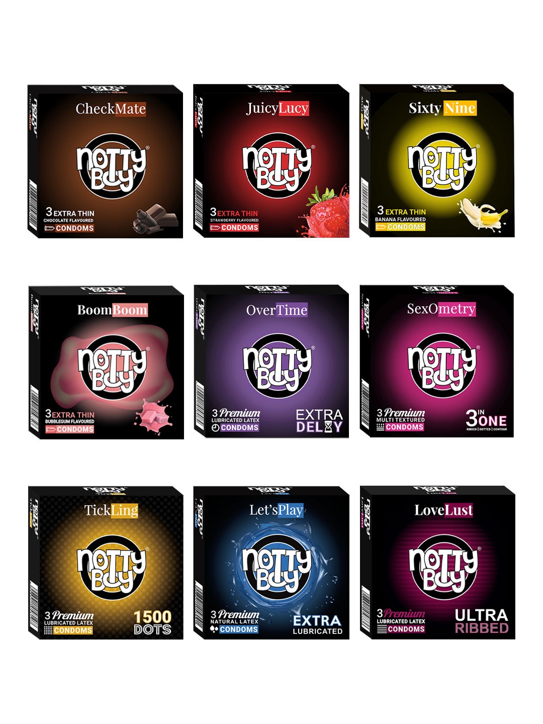 

noTTy Boy Set of 9 Ribbed Flavoured Condoms - 3 Pieces In Each Box, Black