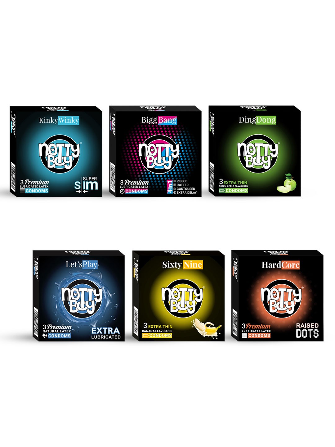 

noTTy Boy Set of 6 4in1 Ribbed-Banana & Green Apple Flavour Condoms-3Pcs each, Black