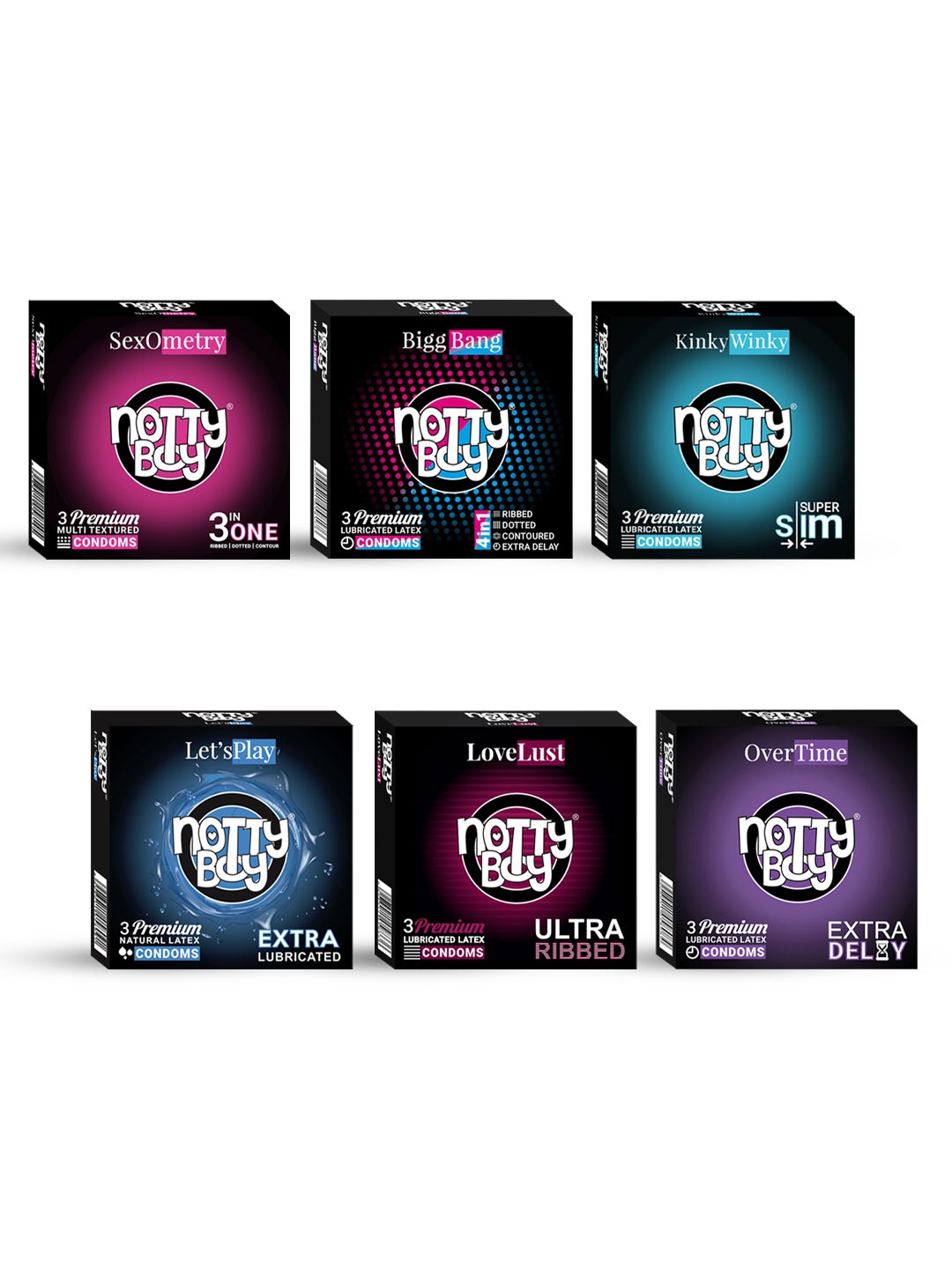 

noTTy Boy Set of 6 Extra Thin-4in1 Ribbed-Smooth Condoms-3Pcs each, Black