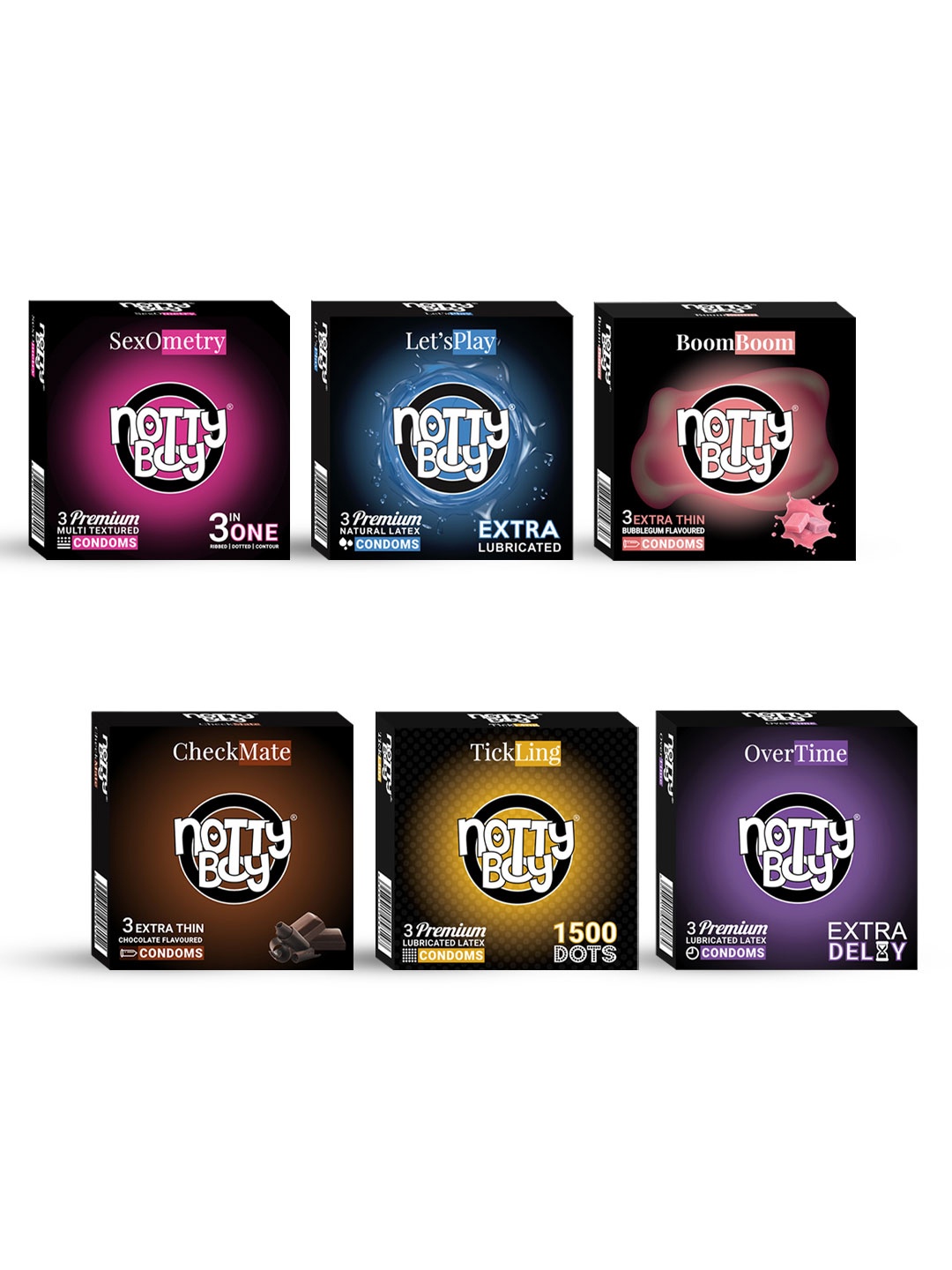 

noTTy Boy Set of 6 Over Time-Chocolate-Bubblegum Flavour Condoms-3Pcs each, Black