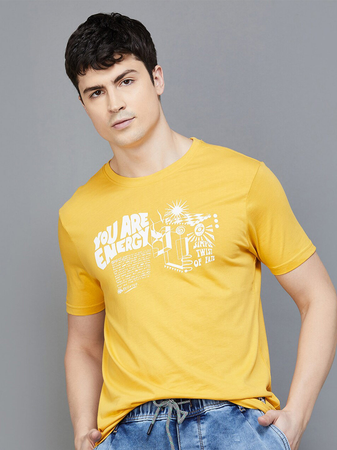 

Forca by Lifestyle Typography Printed Round Neck Cotton T-Shirt, Yellow