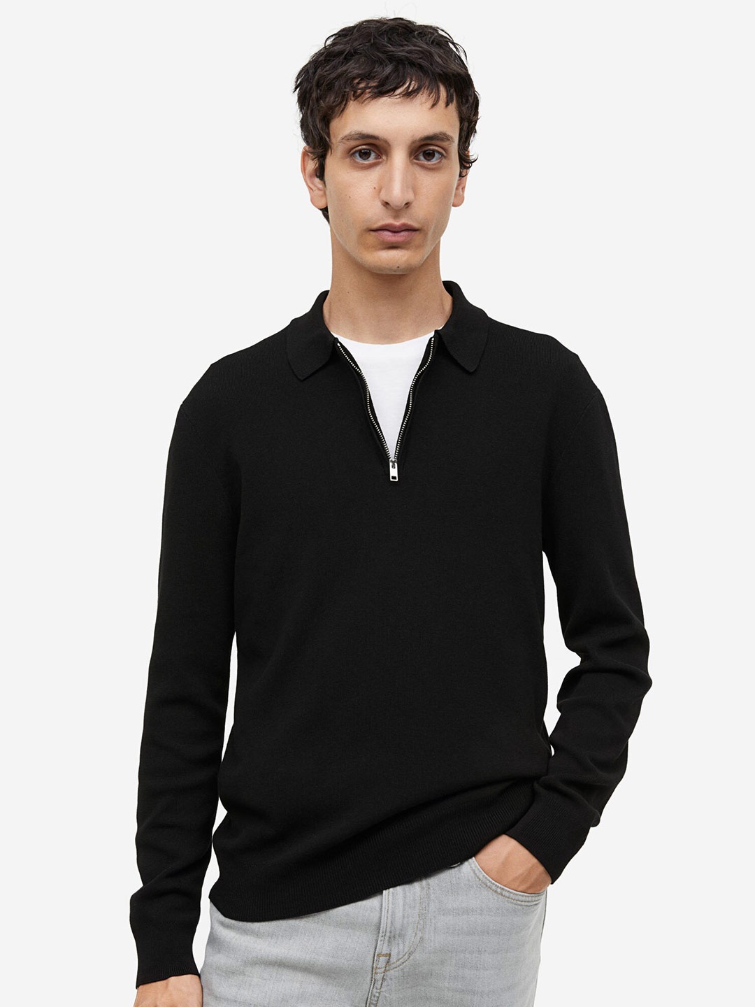 

H&M Slim Fit Zip-Top Polo Shirt, Black