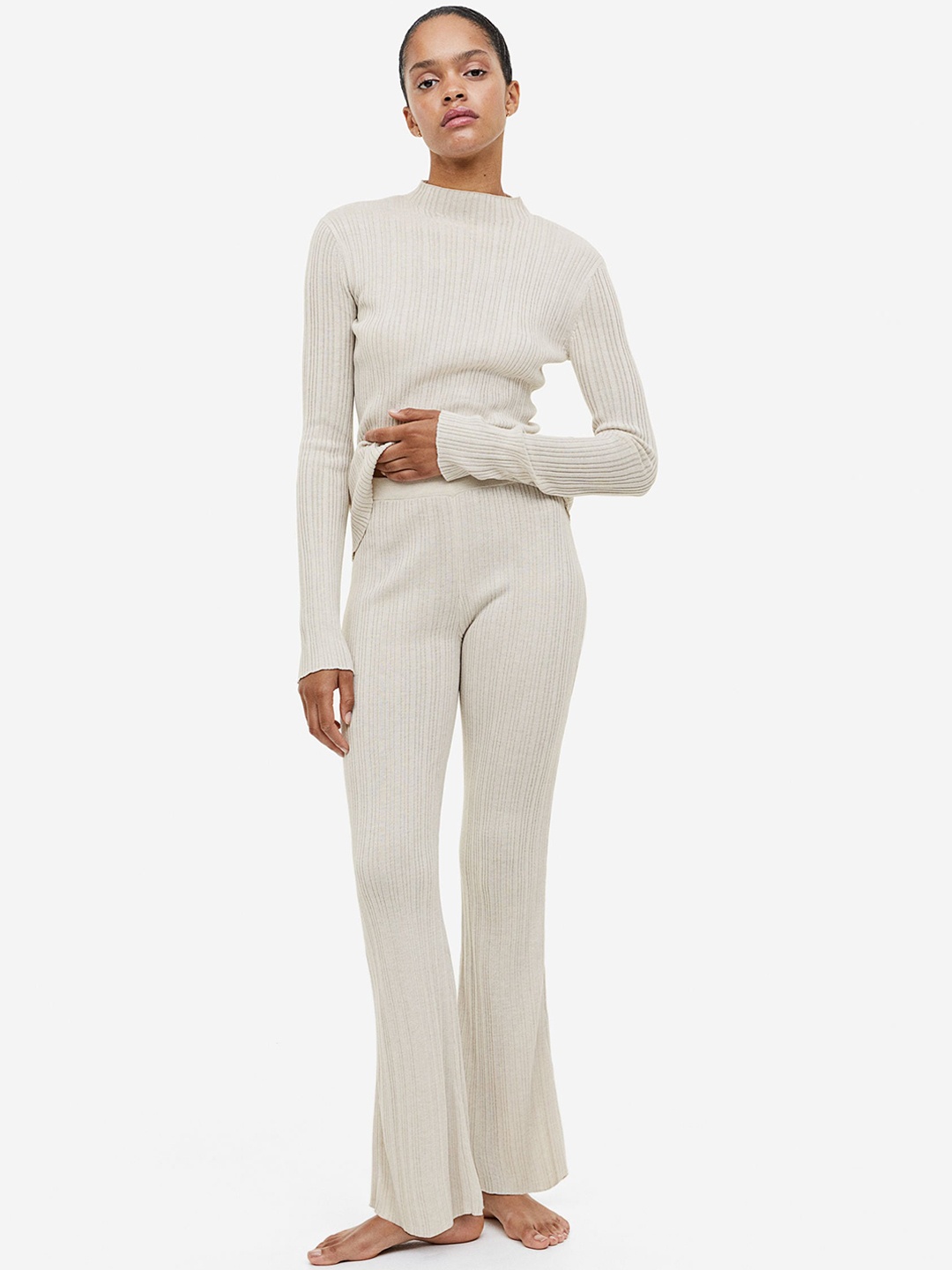 

H&M Women Rib-Knit Flared Trousers, Beige