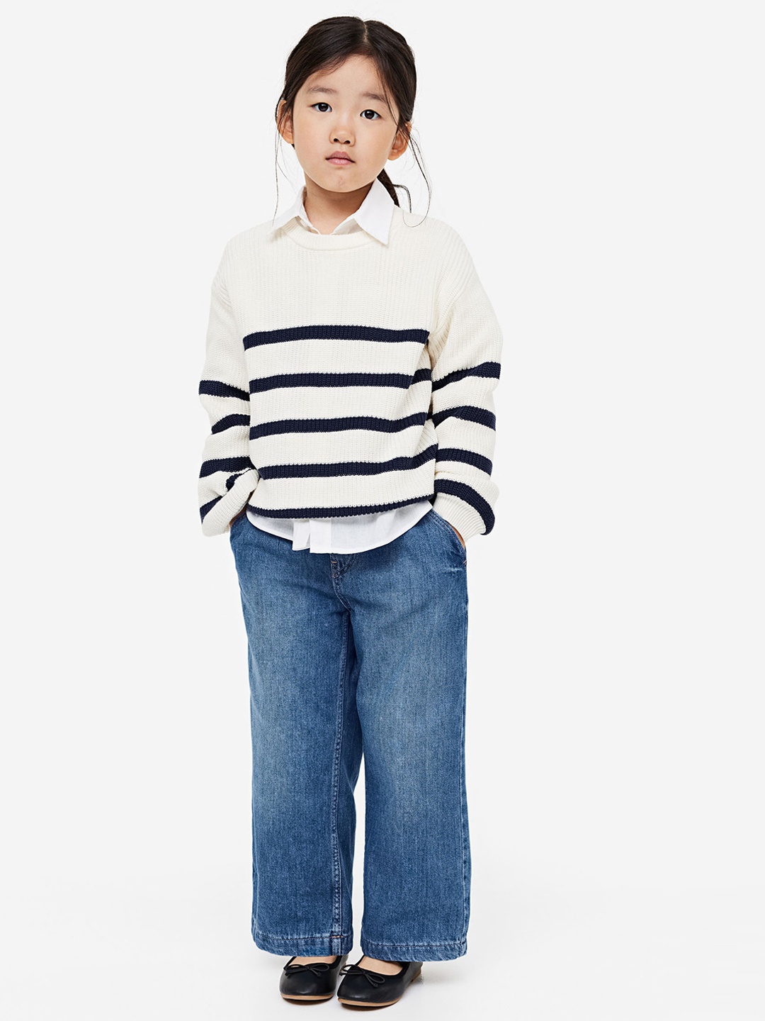 

H&M Girls Pure Cotton Wide Leg Paper Bag Jeans, Blue