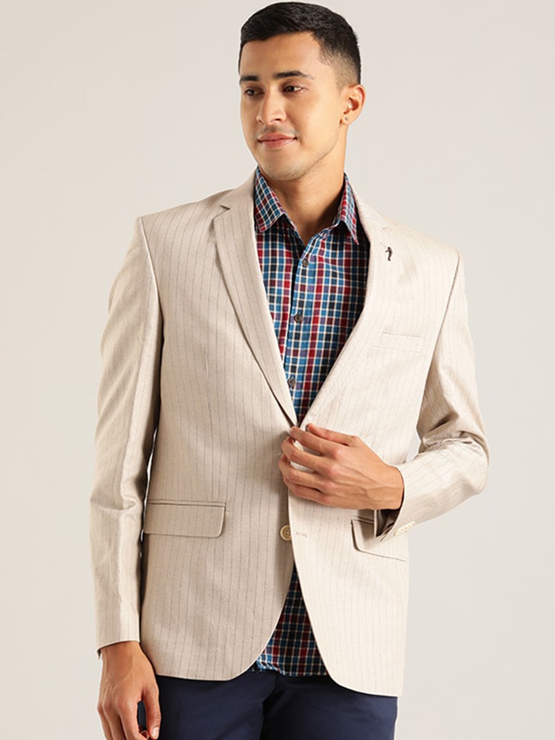 

Indian Terrain Striped Notched Lapel Single Breasted Cotton Linen Blazer, Beige