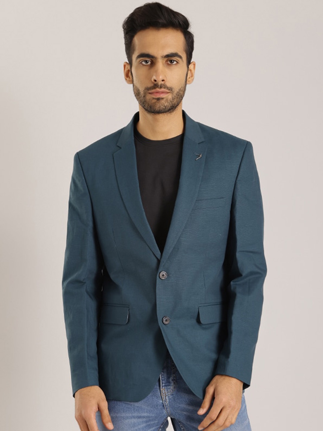 

Indian Terrain Notched Lapel Single Breasted Cotton Linen Blazer, Teal