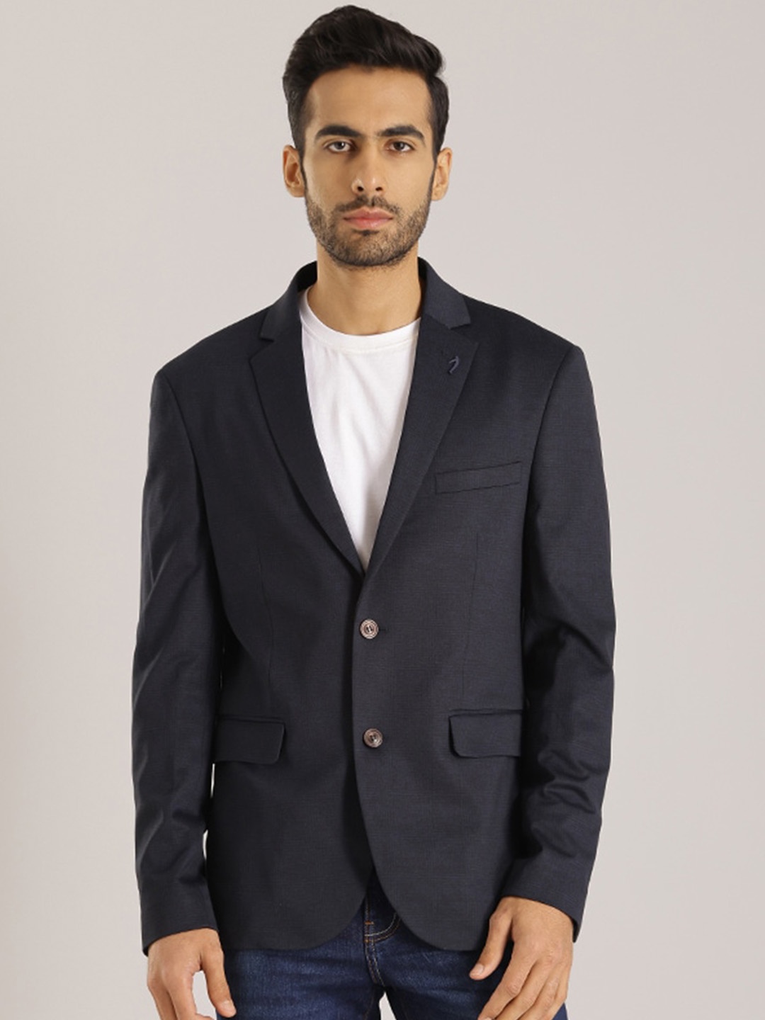 

Indian Terrain Notched Lapel Collar Single Breasted Blazer, Navy blue