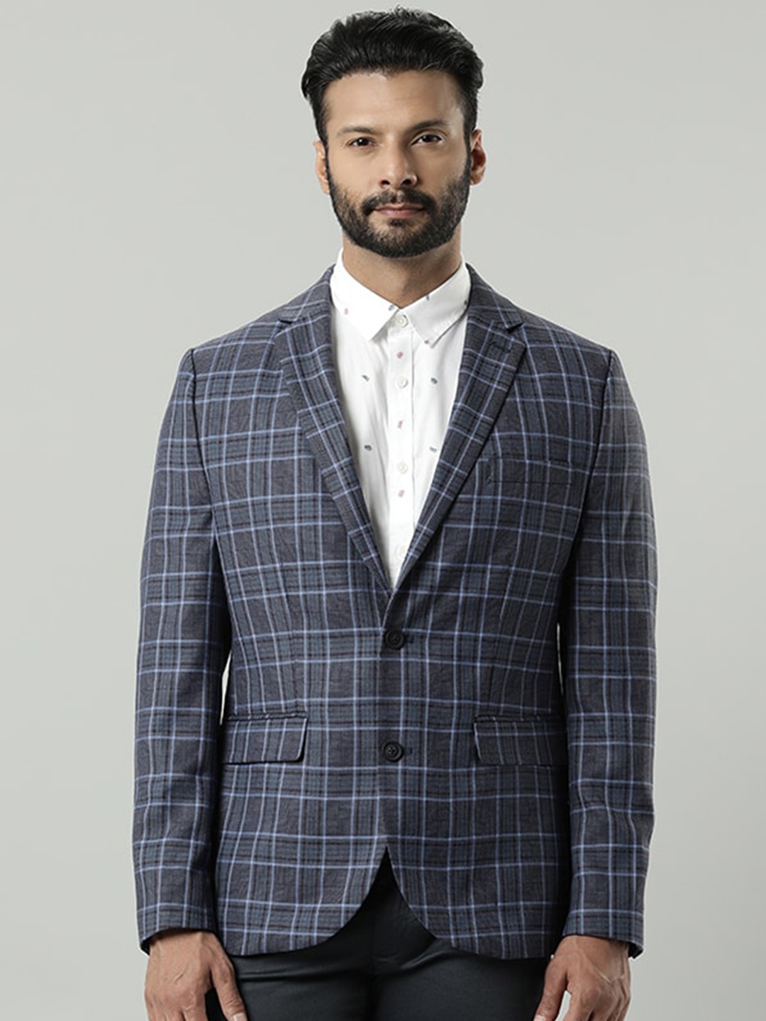 

Indian Terrain Checked Notched Lapel Collar Single Breasted Blazer, Blue