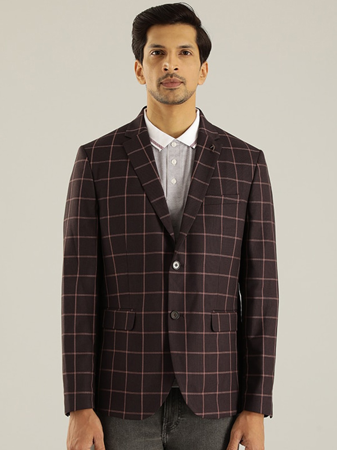 

Indian Terrain Checked Single-Breasted Formal Blazer, Purple