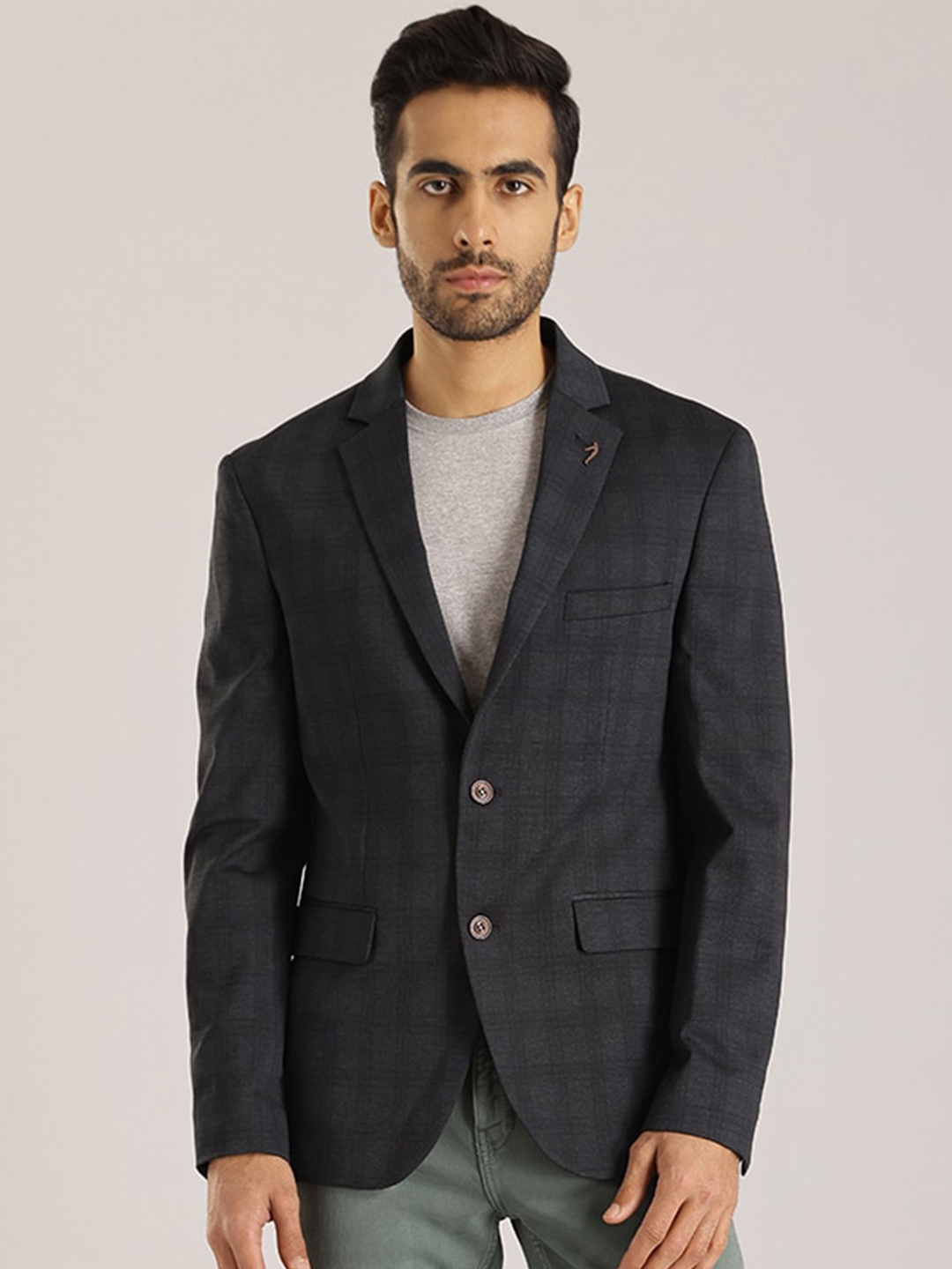 

Indian Terrain Checked Slim-Fit Notched Lapel Single Breasted Formal Blazer, Black
