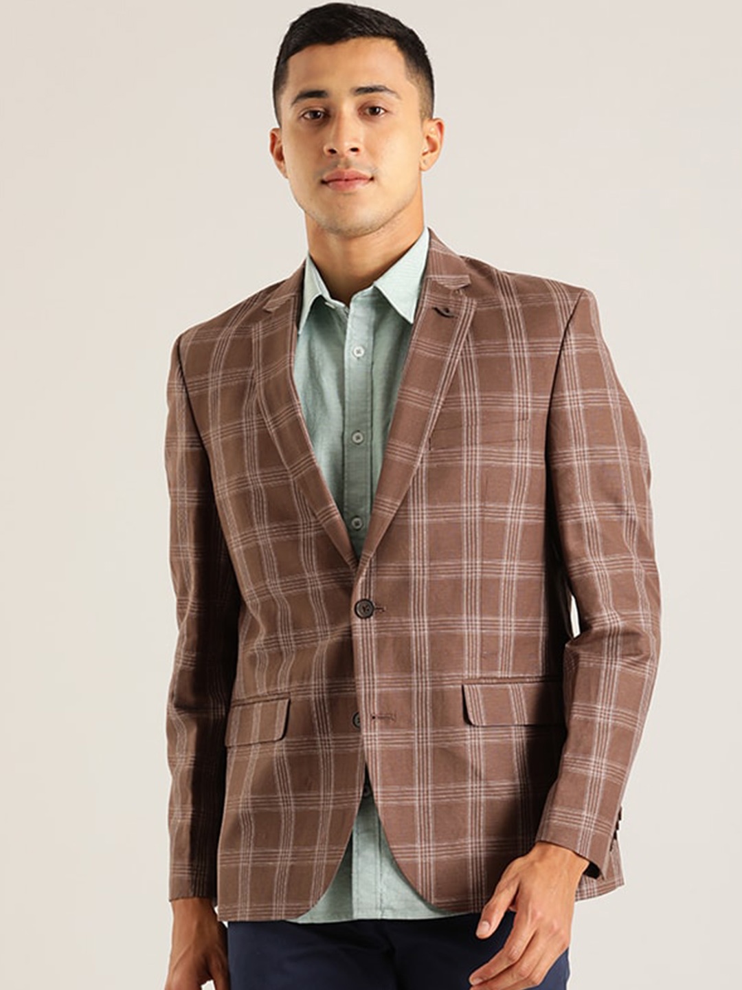 

Indian Terrain Checked Single-Breasted Formal Blazer, Brown
