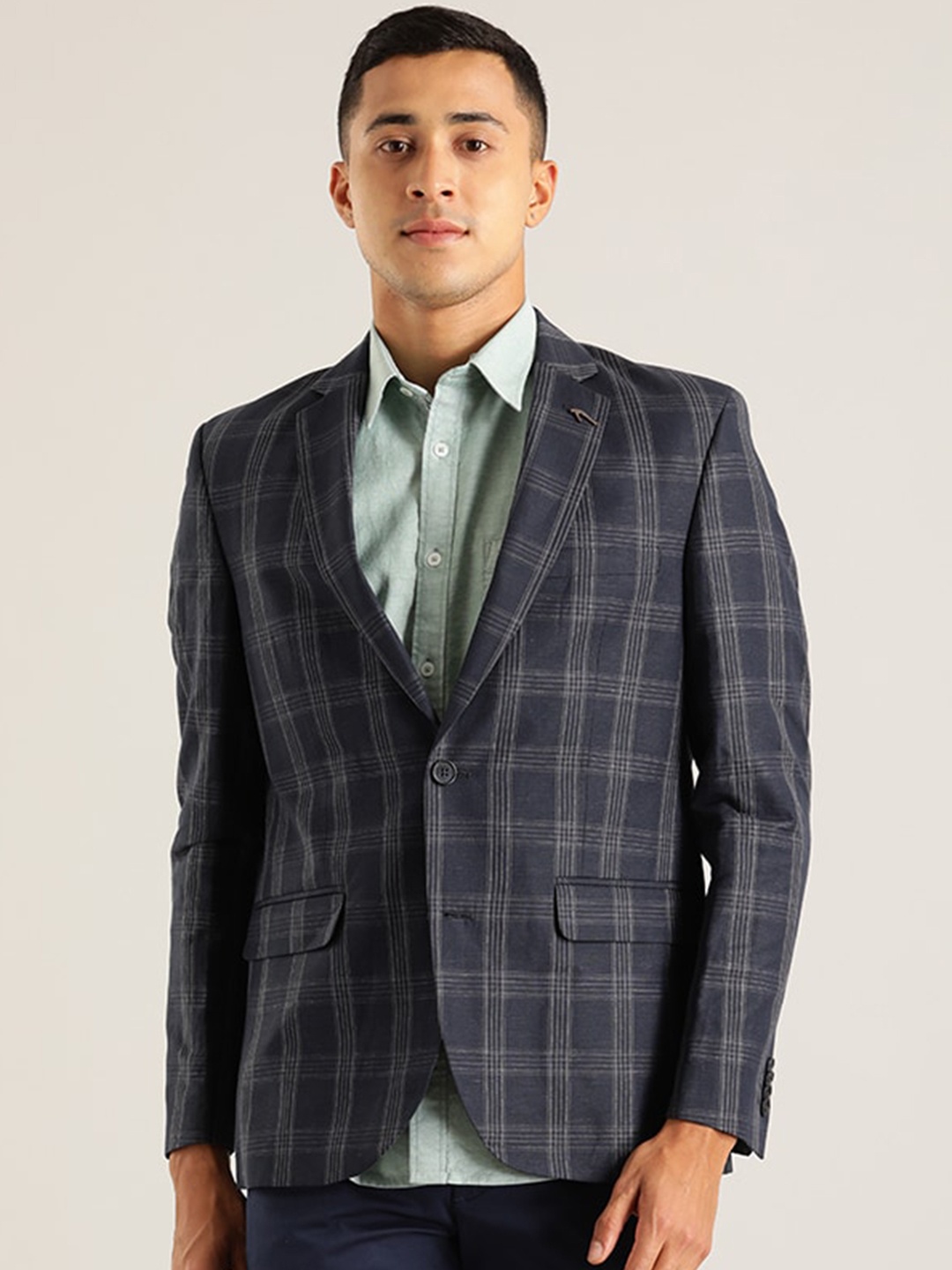 

Indian Terrain Checked Linen Single Breasted Blazer, Navy blue