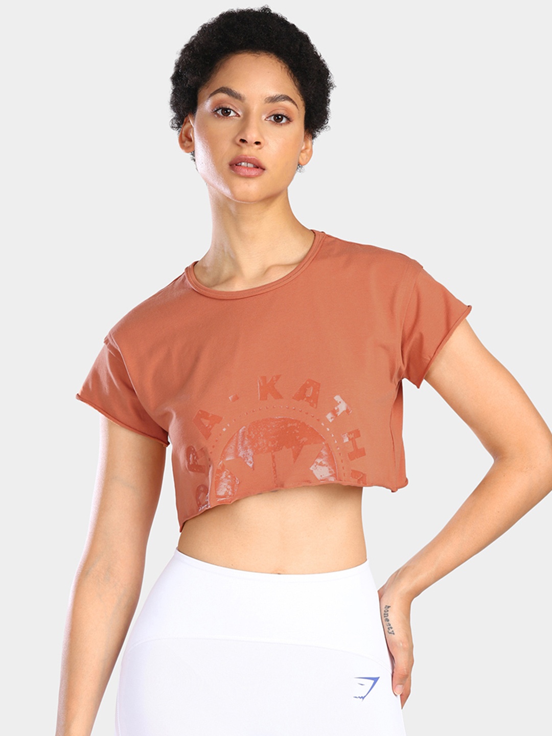 Gymshark Typography Printed KK Twins Raw Crop T-shirt, Coral
