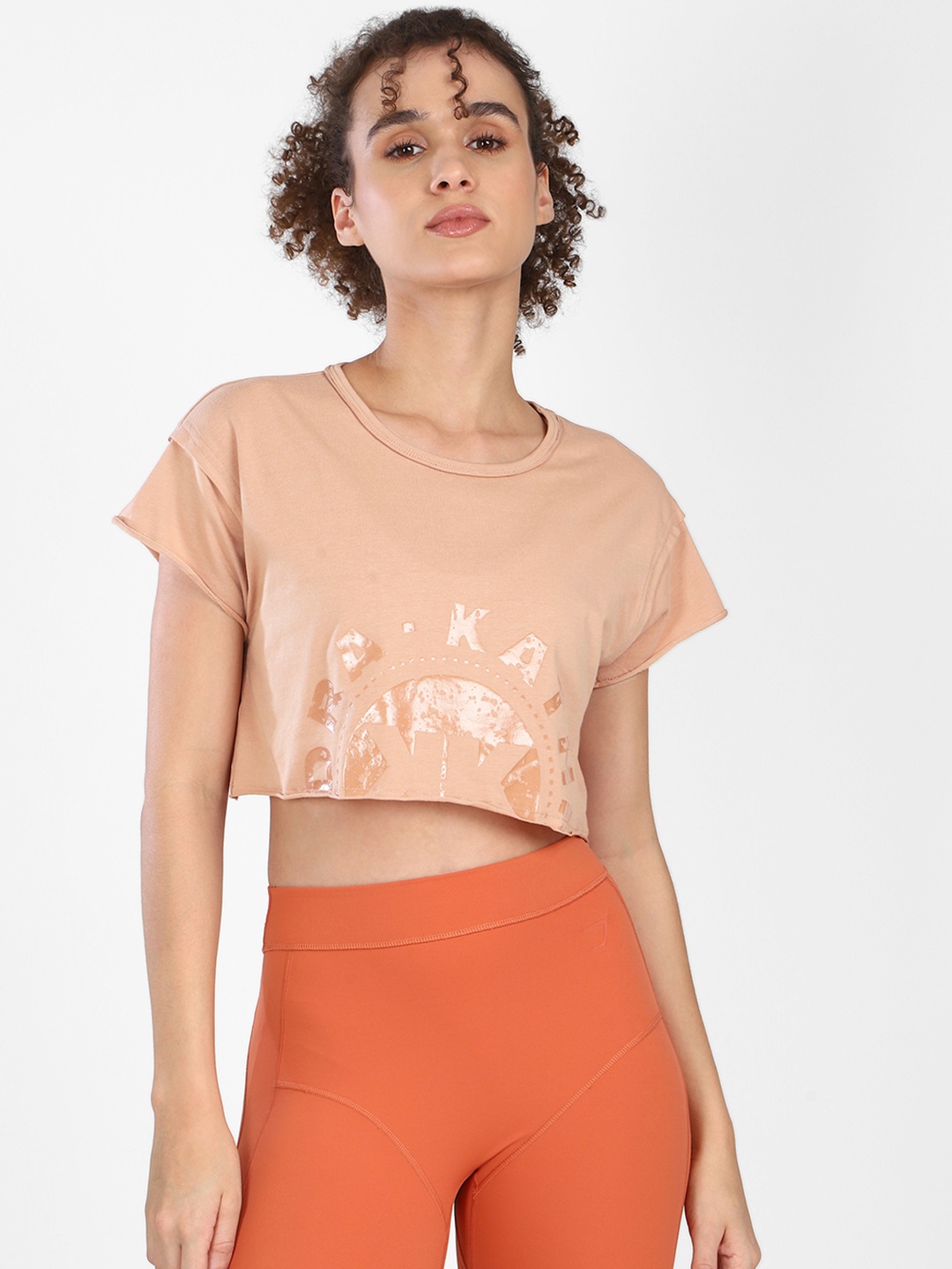 Gymshark KK Twins Raw Crop Typography Printed T-shirt, Beige