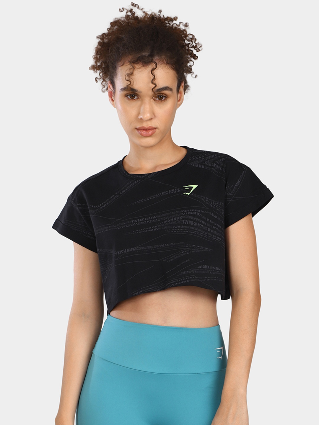 

Gymshark Brand Logo Printed Pure Cotton Crop T-shirt, Black