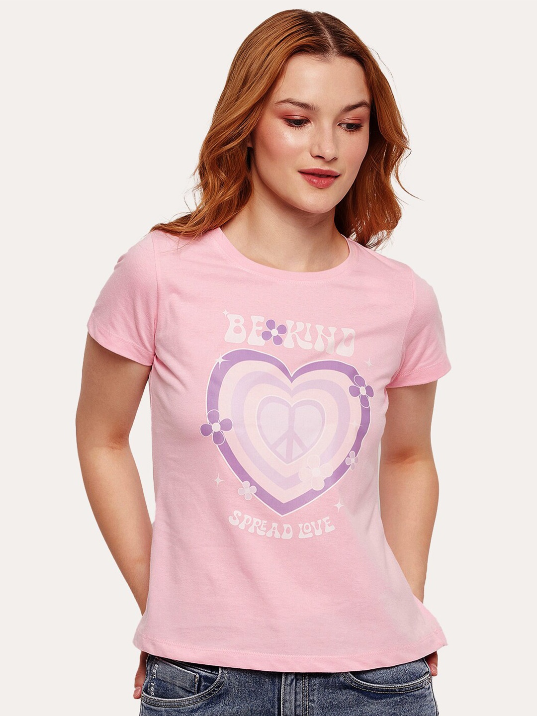 Mast & Harbour Typography Printed Pure Cotton T-shirt, Pink