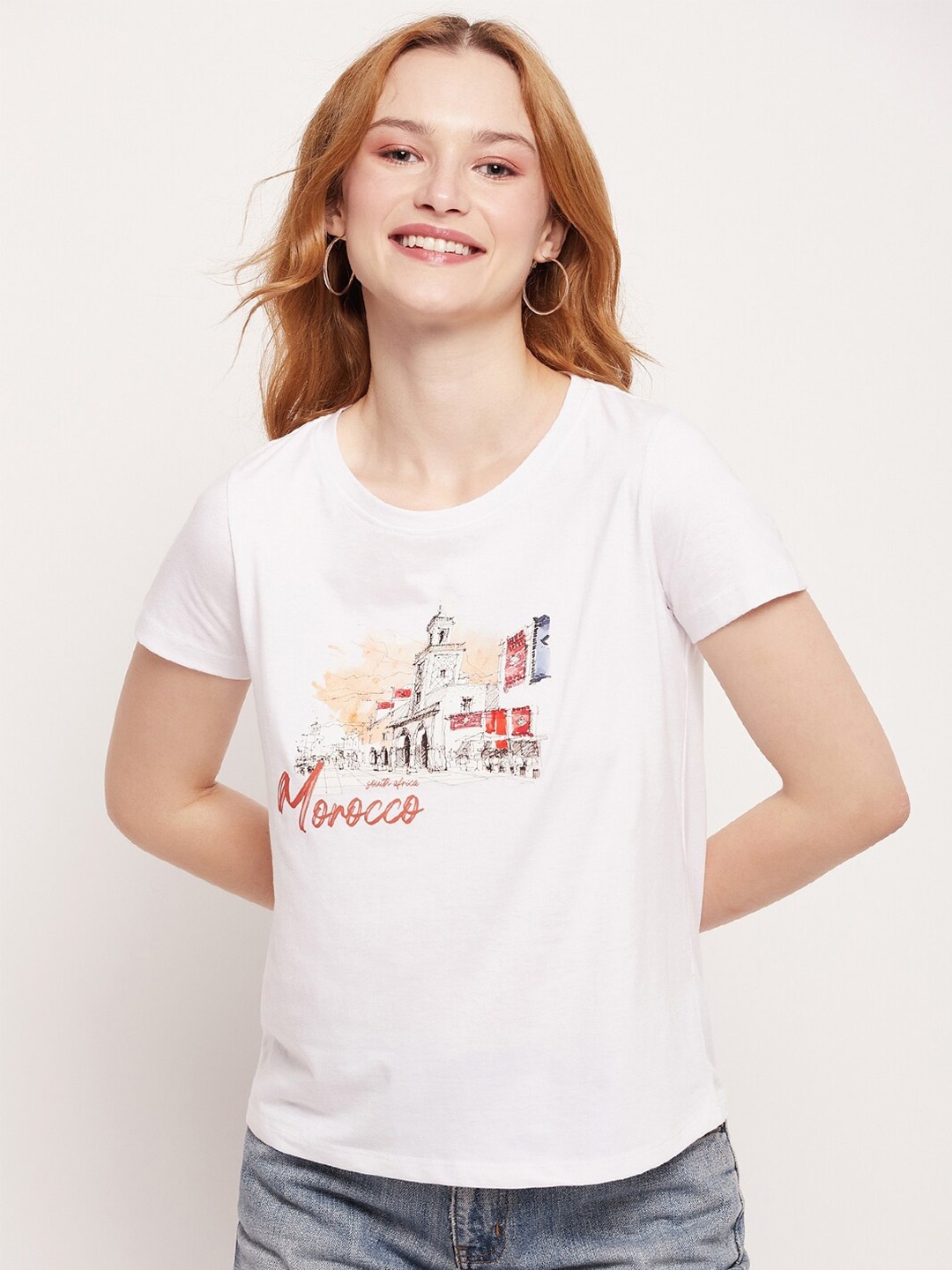 

Mast & Harbour White Printed Pure Cotton Round Neck T-shirt