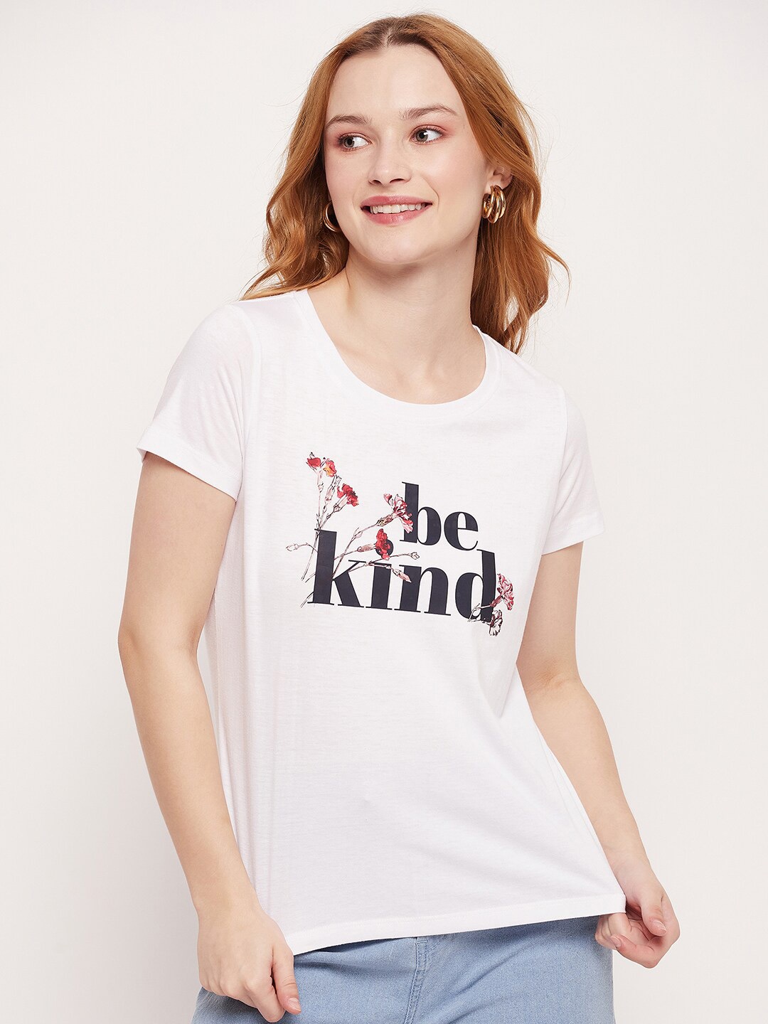

Mast & Harbour Women White Typography Printed Pure Cotton T-shirt