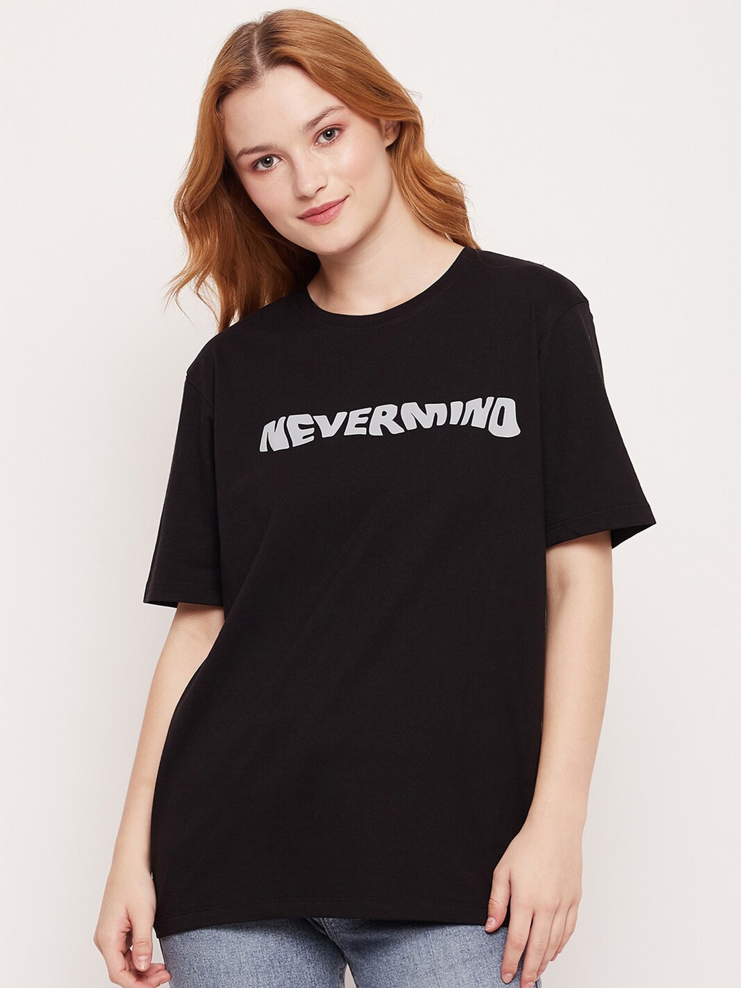 

Mast & Harbour Black Typography Printed Pure Cotton Oversized T-shirt